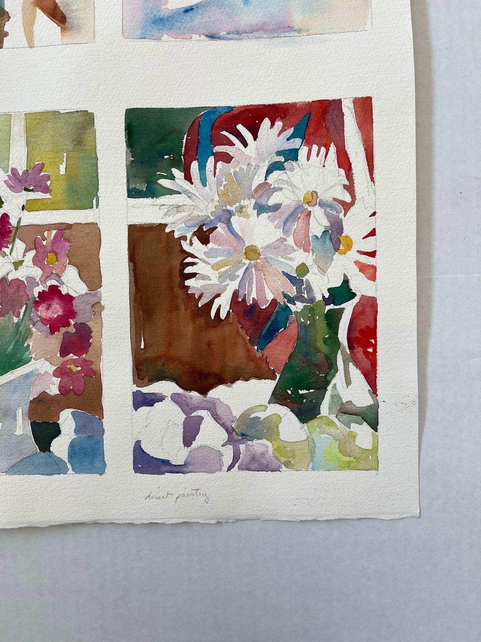 Wood Vintage Artwork Still-Life Study of Houses and Flowers on Paper For Sale