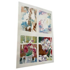 Vintage Artwork Still-Life Study of Houses and Flowers on Paper