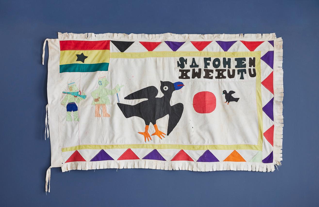 Asafo flag in cotton applique patters. Fante People.

Asafo flags are created by the Fante people of Ghana. The flags are visual representations of military organisations in Fante communities known as “Asafo”. The communities each have their own