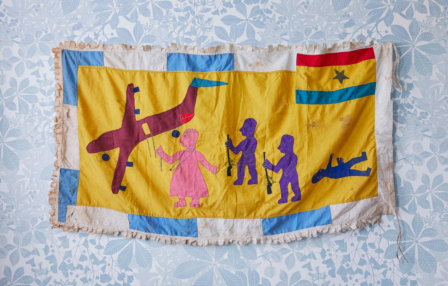 Asafo flag in cotton applique patters. Fante People.

Asafo flags are created by the Fante people of Ghana. The flags are visual representations of military organisations in Fante communities known as “Asafo”. The communities each have their own