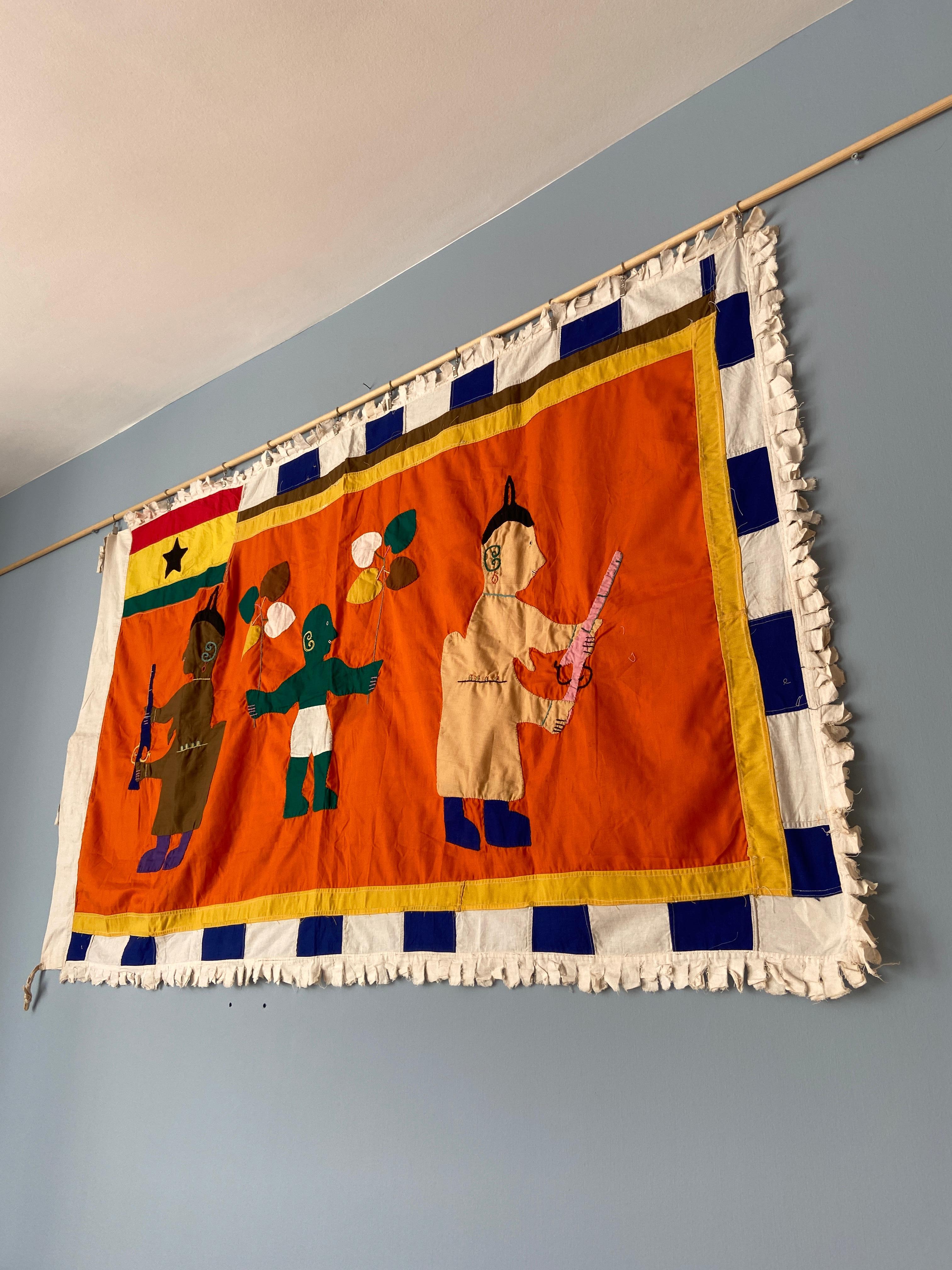 Ghanaian Vintage Asafo Flag in Orange Appliqué Patterns by the Fante People, Ghana 1970's For Sale