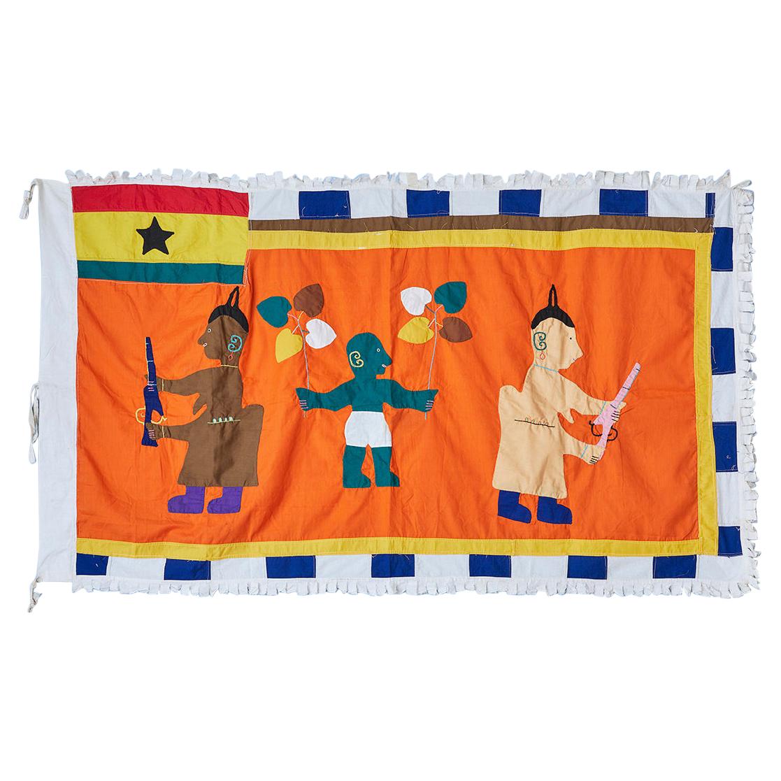 Vintage Asafo Flag in Orange Appliqué Patterns by the Fante People, Ghana 1970's
