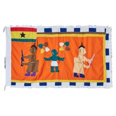 Vintage Asafo Flag in Orange Appliqué Patterns by The Fante People, Ghana 1970's