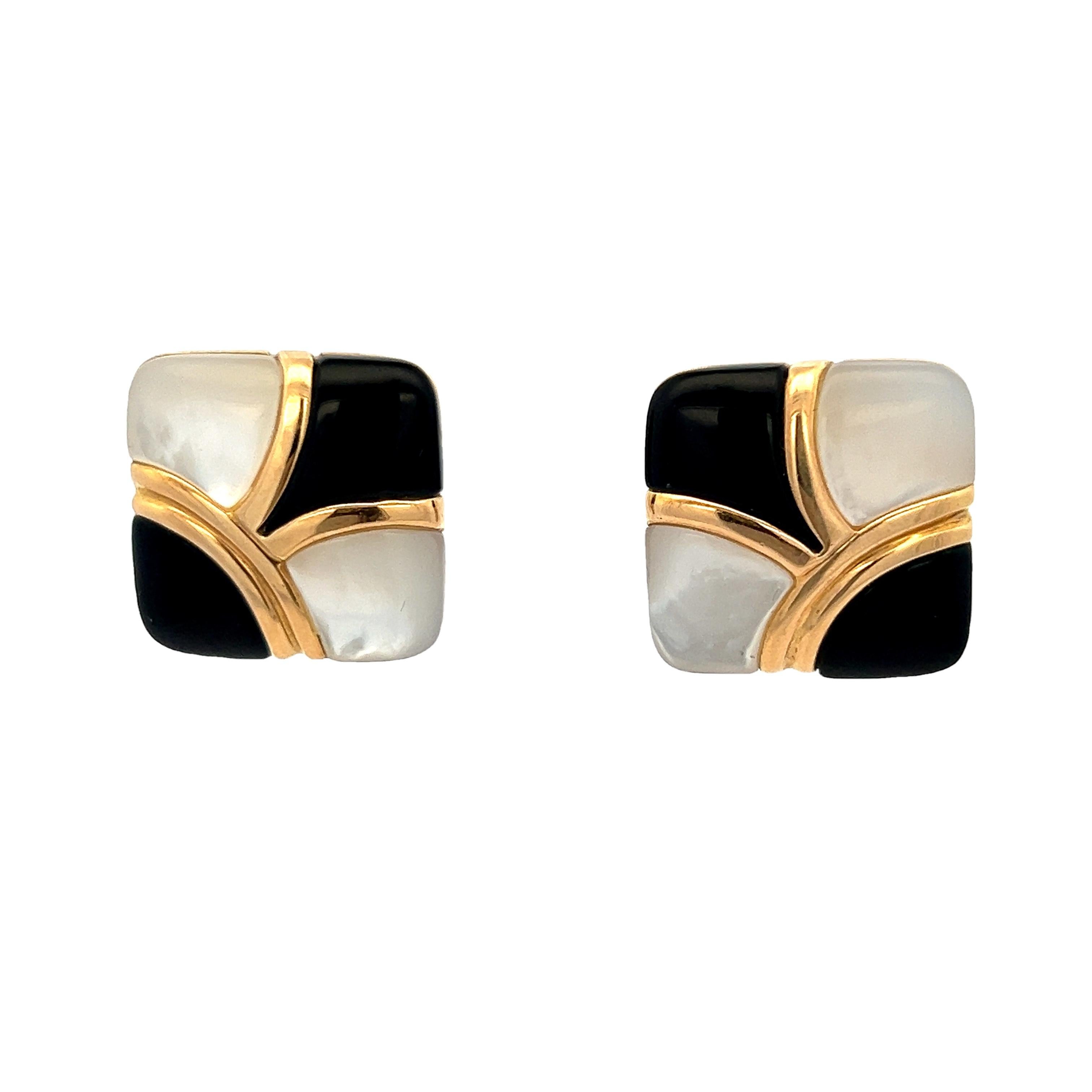 Asch Grossbardt 14K Yellow Gold Onyx and Mother of Pearl Inlay Earrings – Vintage Geometric Design, 1