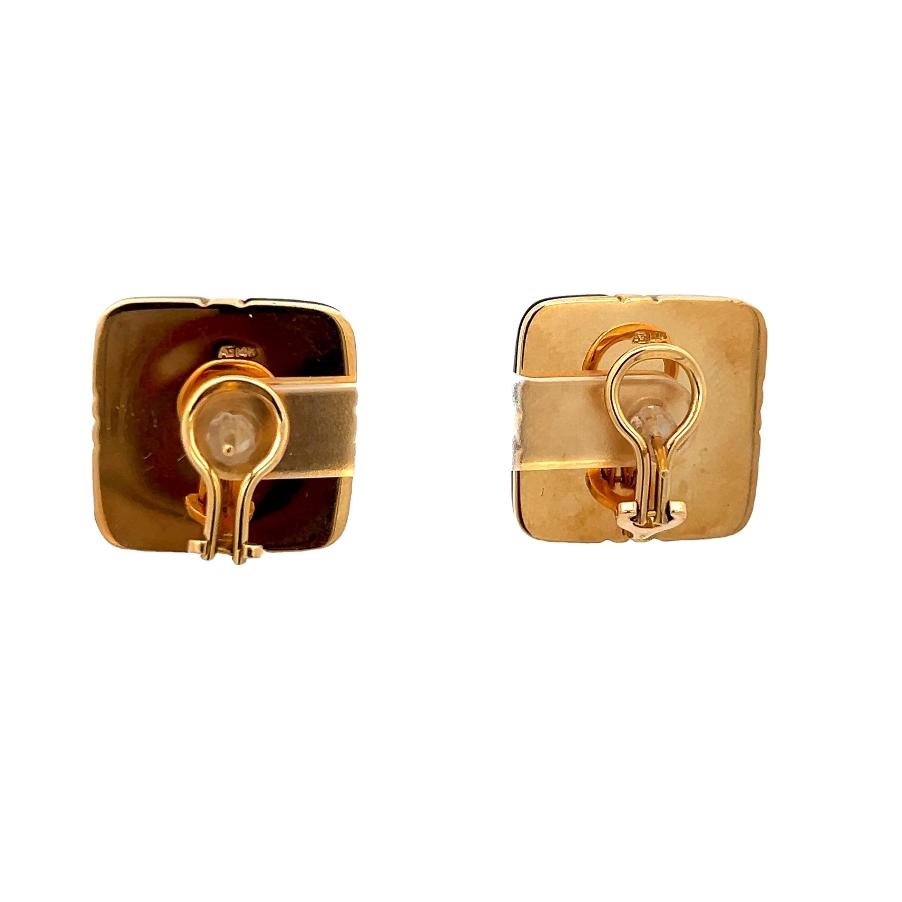 Cabochon Vintage Asch Grossbardt 14K Yellow Gold Geometric Inlay Earrings For Sale