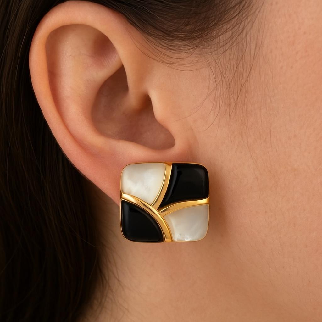 Vintage Asch Grossbardt 14K Yellow Gold Geometric Inlay Earrings For Sale 1