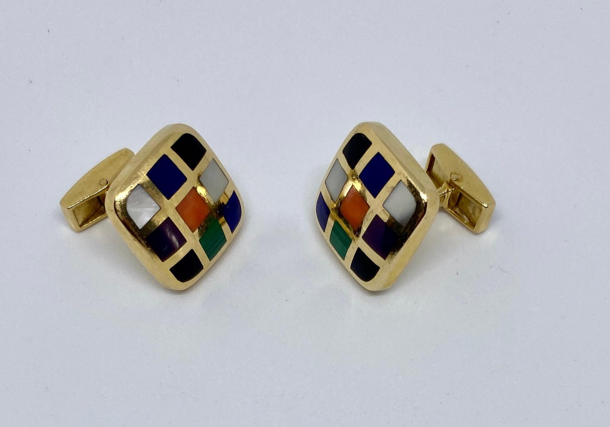 Resembling miniature stained-glass windows, these Asch Grossbardt cufflinks feature the inlays for which the firm is famous. Very few makers of the modern era had the skill to produce inlays of such quality, and for this reason Asch Grossbardt