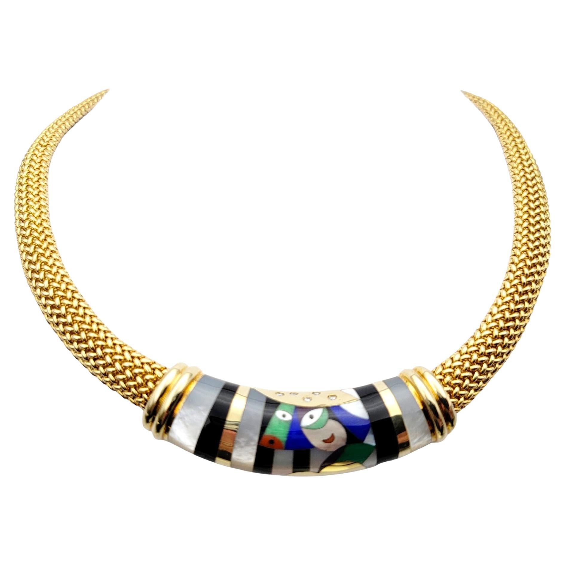 Vintage Asch Grossbardt Mosaic Gemstone and Diamond Inlay Gold Collar Necklace For Sale