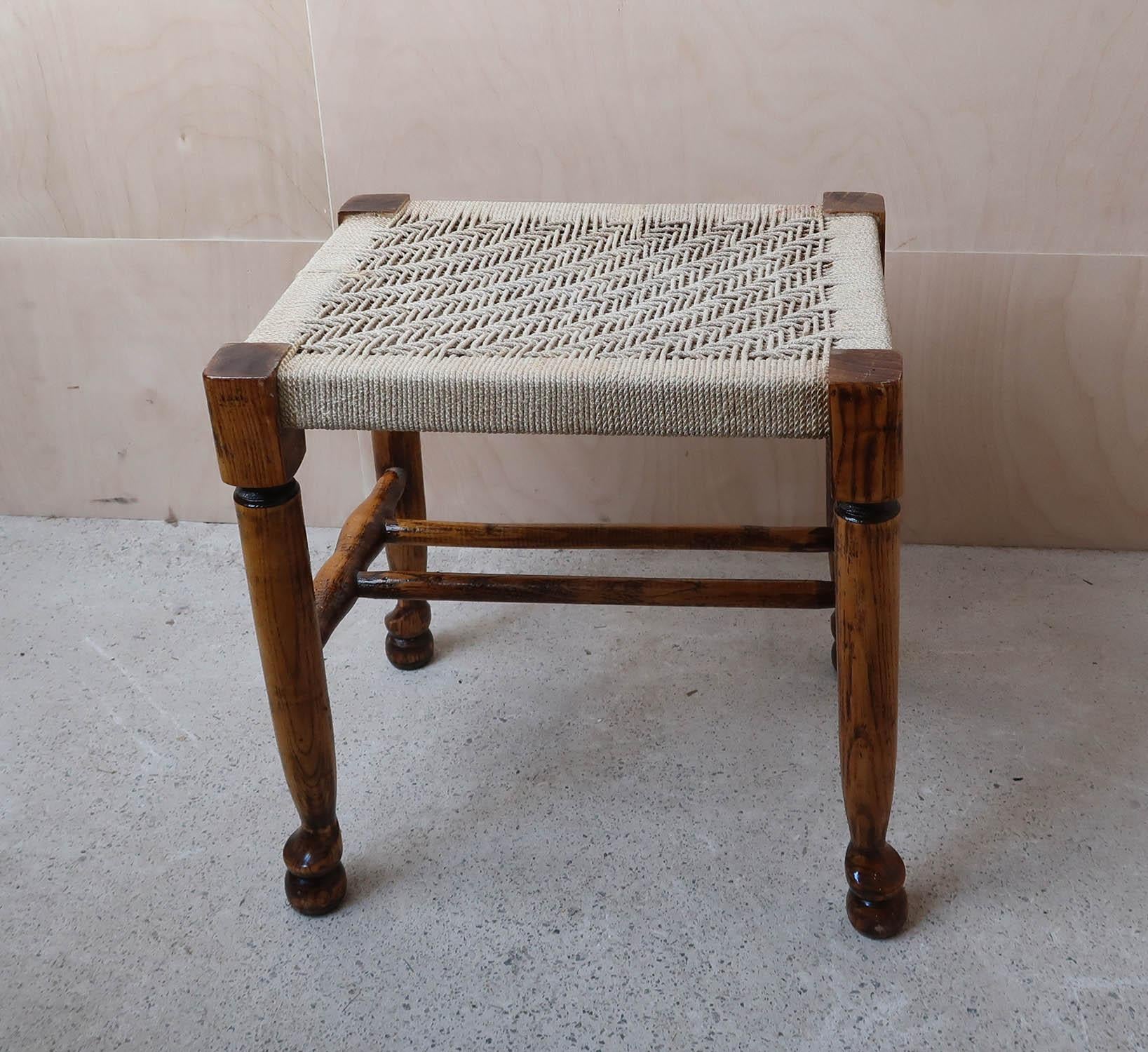 Rustic Vintage Ash and Elm Stool with Rattan or Cord Upholstery