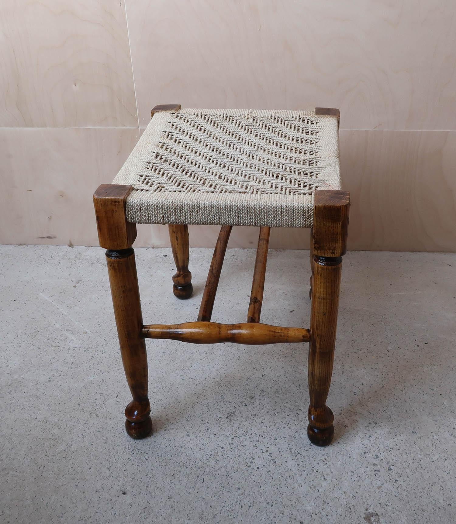 English Vintage Ash and Elm Stool with Rattan or Cord Upholstery