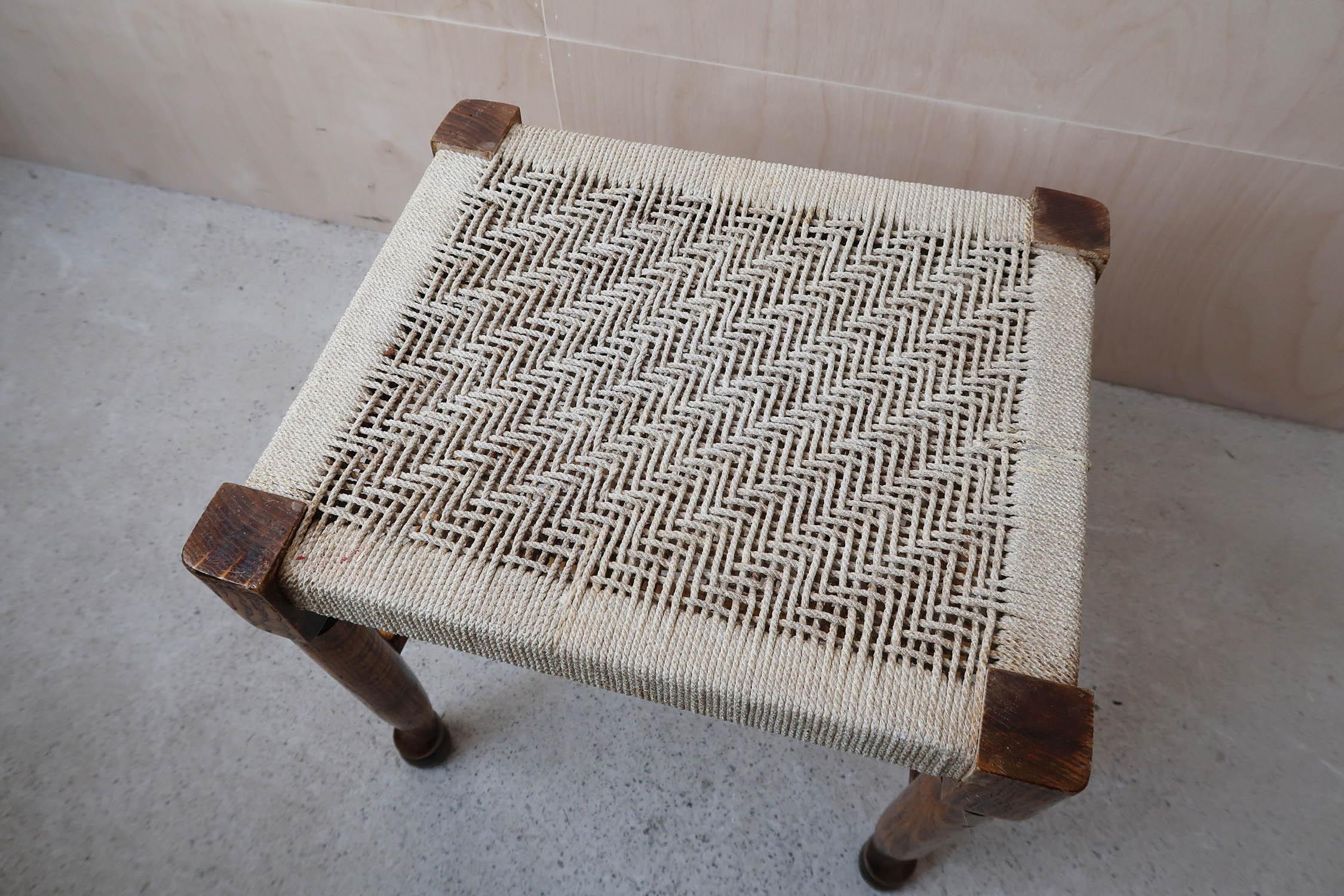 Varnished Vintage Ash and Elm Stool with Rattan or Cord Upholstery