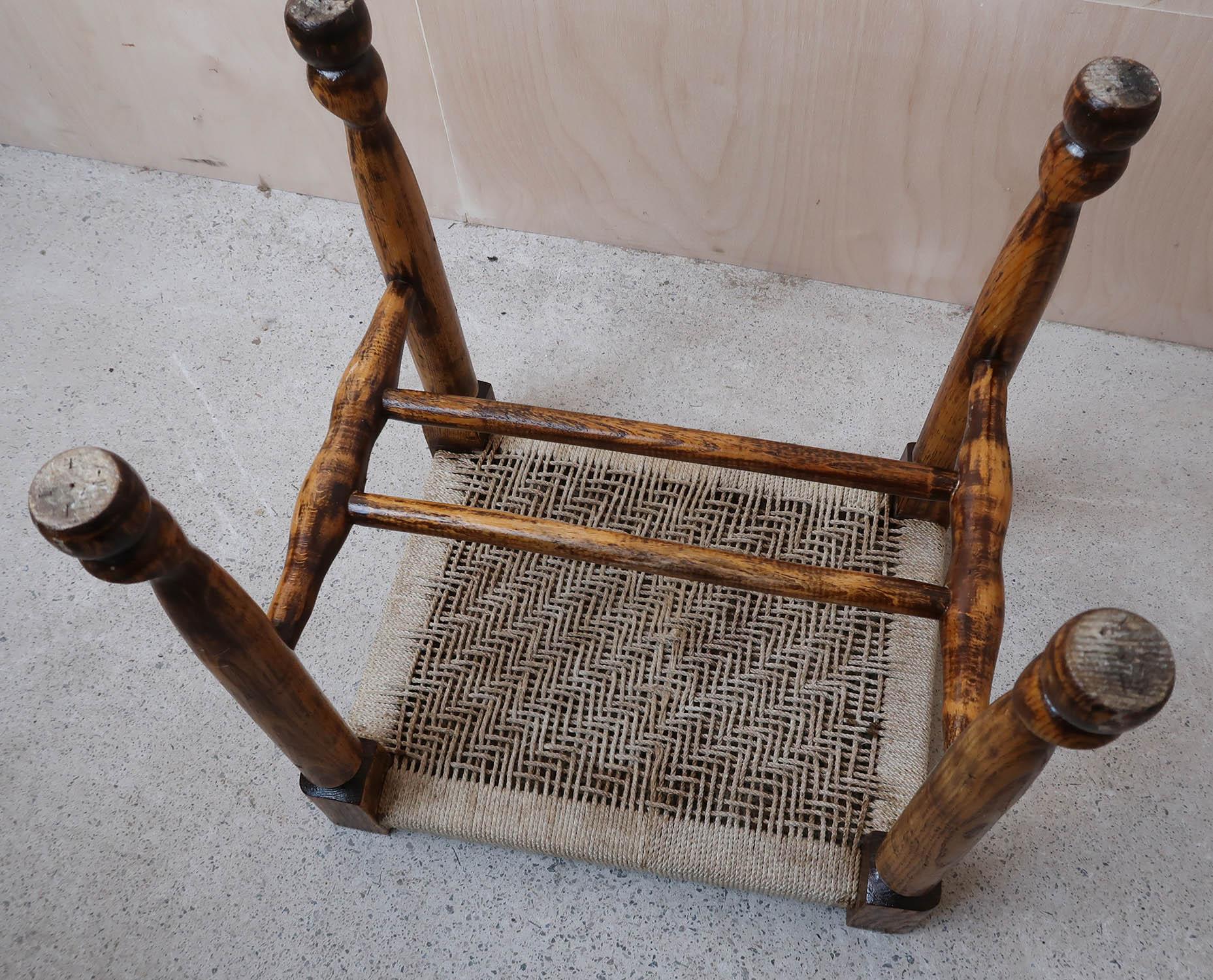 Vintage Ash and Elm Stool with Rattan or Cord Upholstery In Good Condition In St Annes, Lancashire