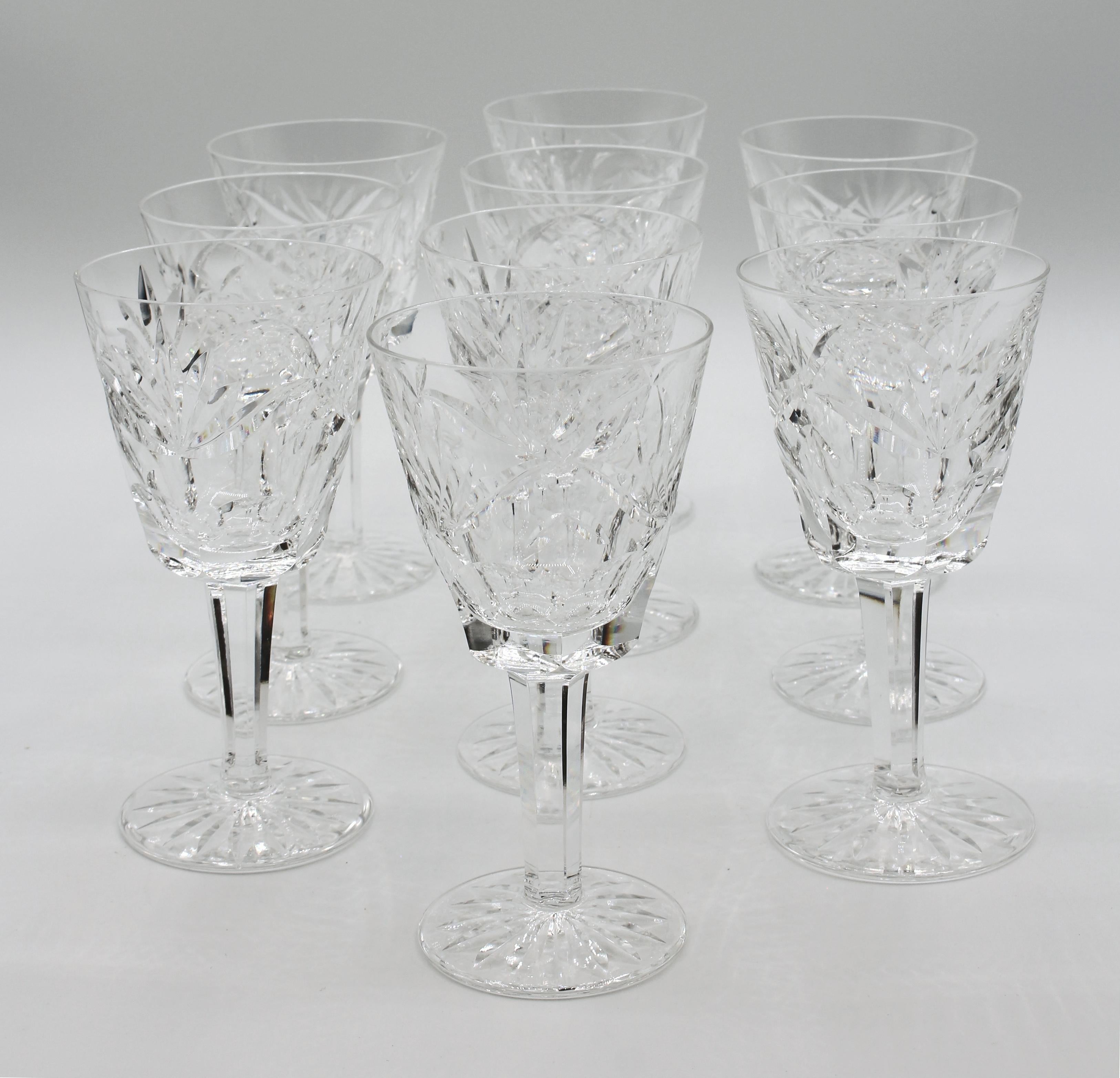 Vintage set of 10 white wine glasses, Ashling by Waterford. Pattern produced 1968-2017. Hand blown & cut. Minor crack on rim of one glass. Measures : 5 7/8