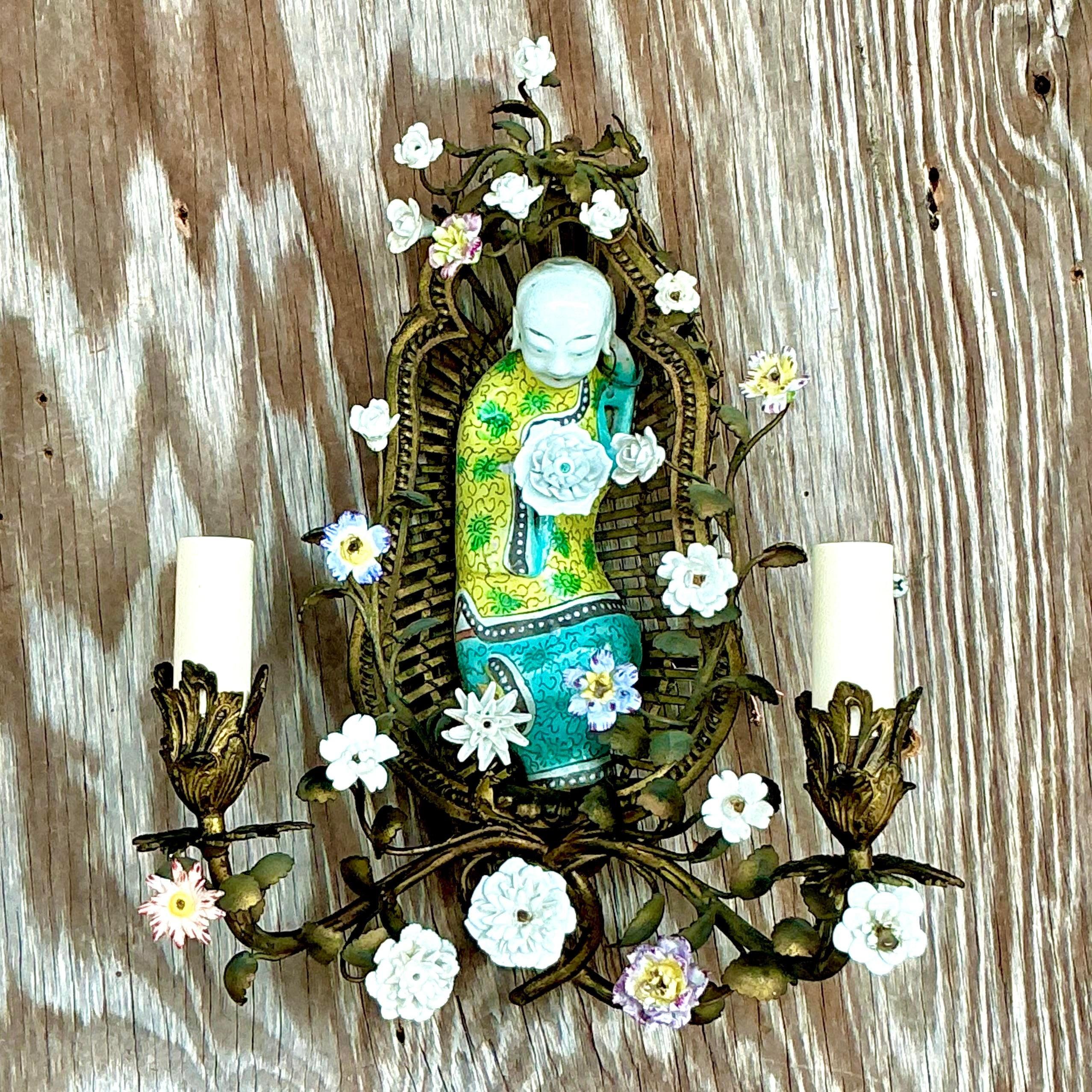 Cineserie Sconcezza floreale asiatica vintage 1920s Chinoiserie in vendita