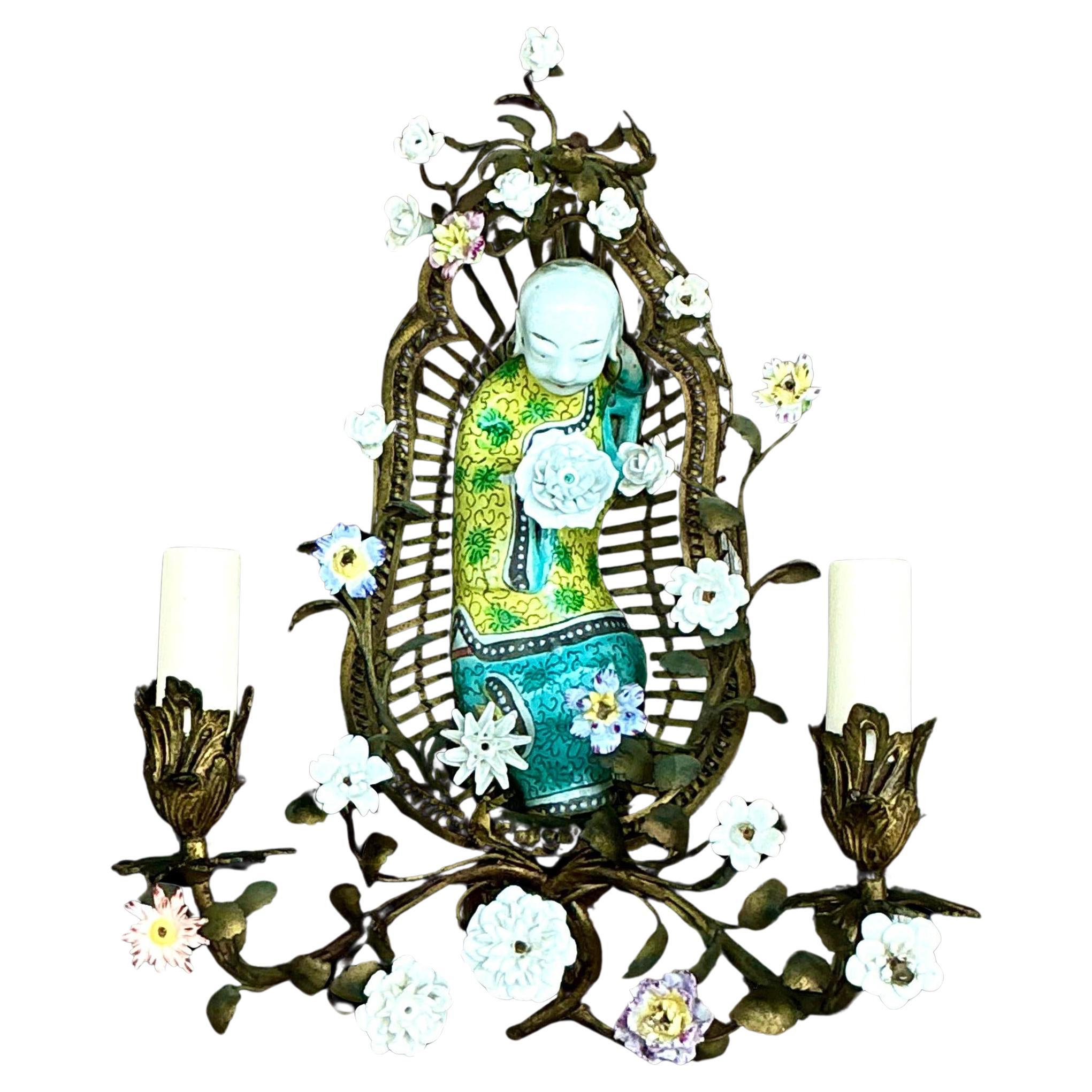 Sconcezza floreale asiatica vintage 1920s Chinoiserie in vendita