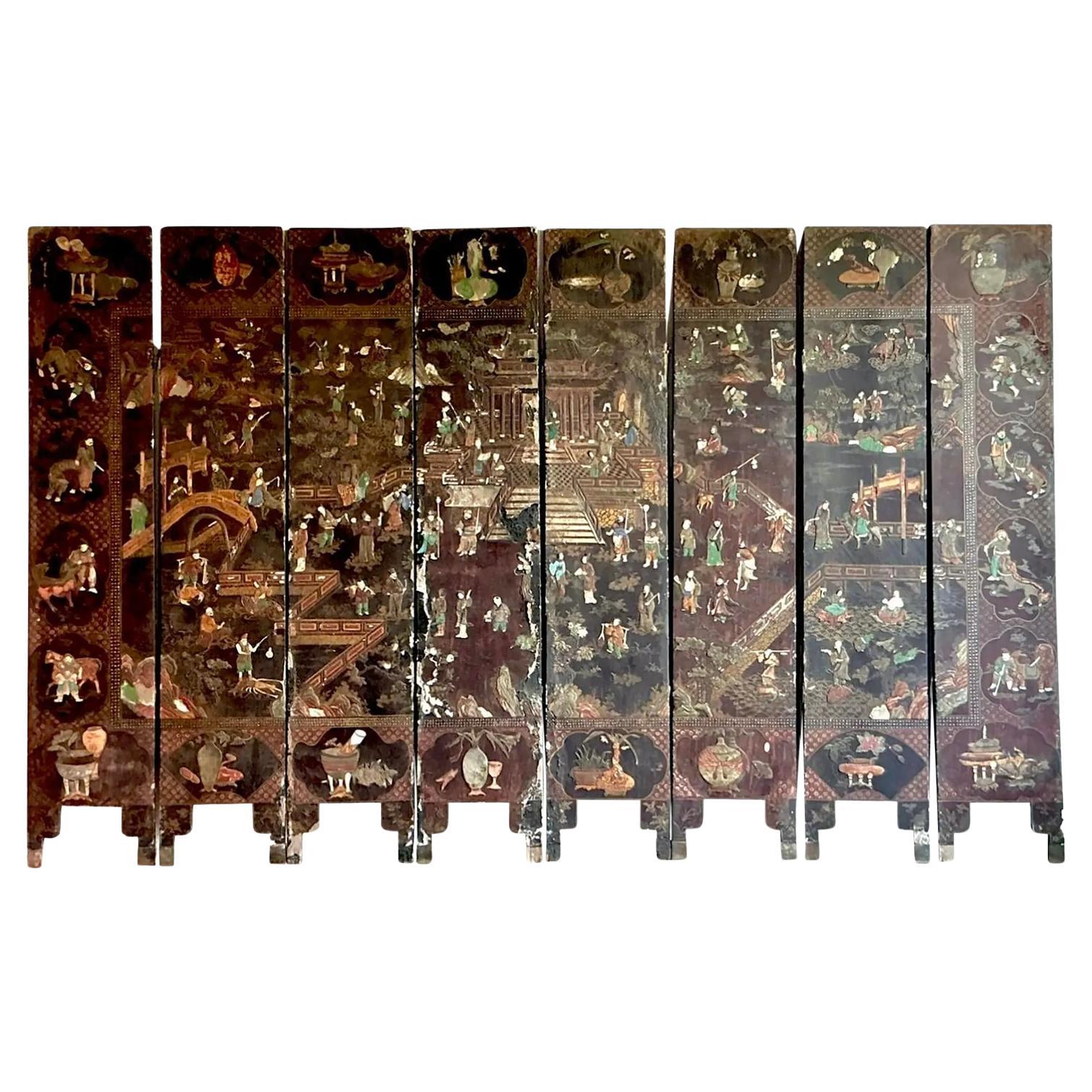 Paravento asiatico vintage del XIX secolo a 8 pannelli Coromandel