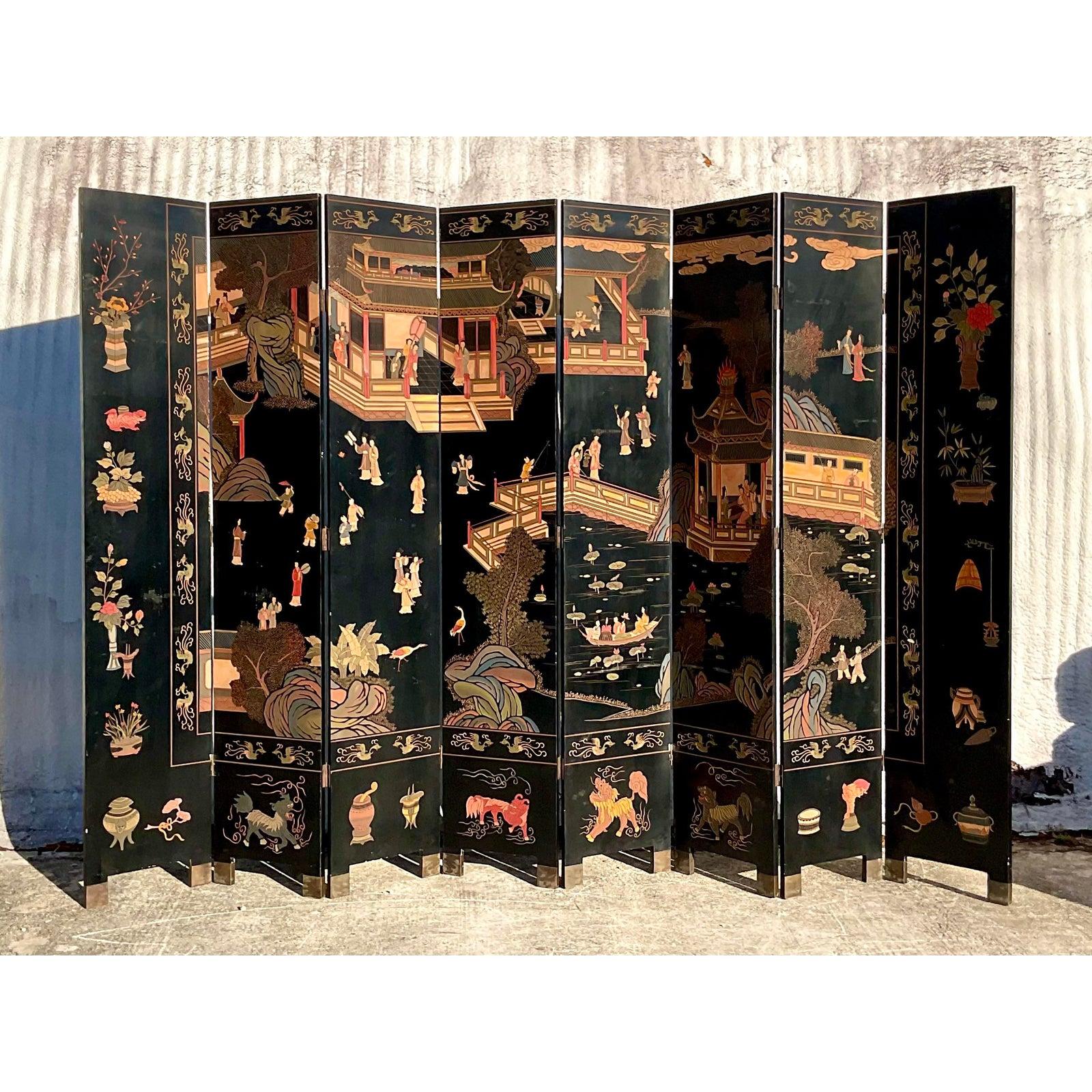 Vintage Asian 8 Panel Carved Coromandel Folding Screen 1