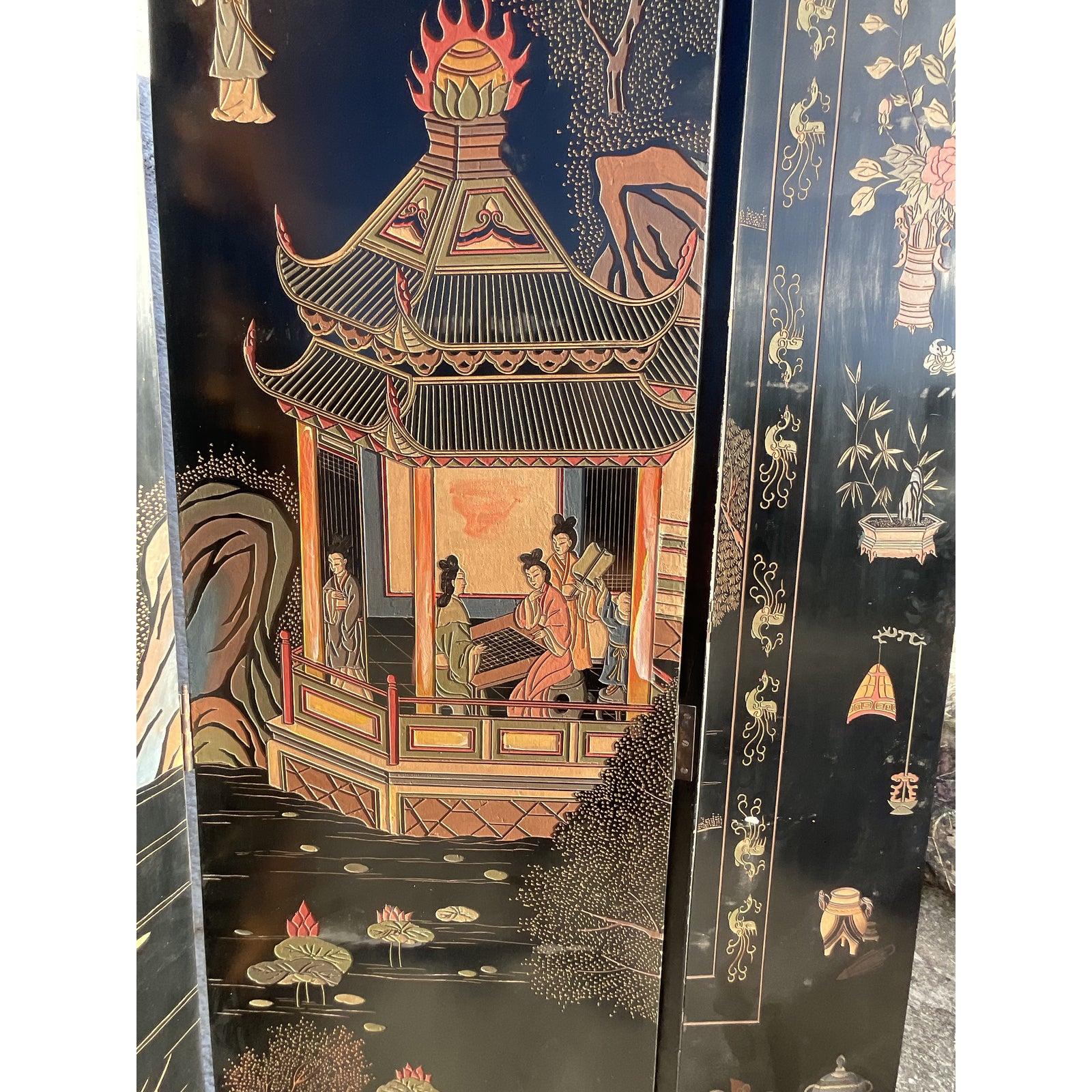 Vintage Asian 8 Panel Carved Coromandel Folding Screen In Good Condition In west palm beach, FL