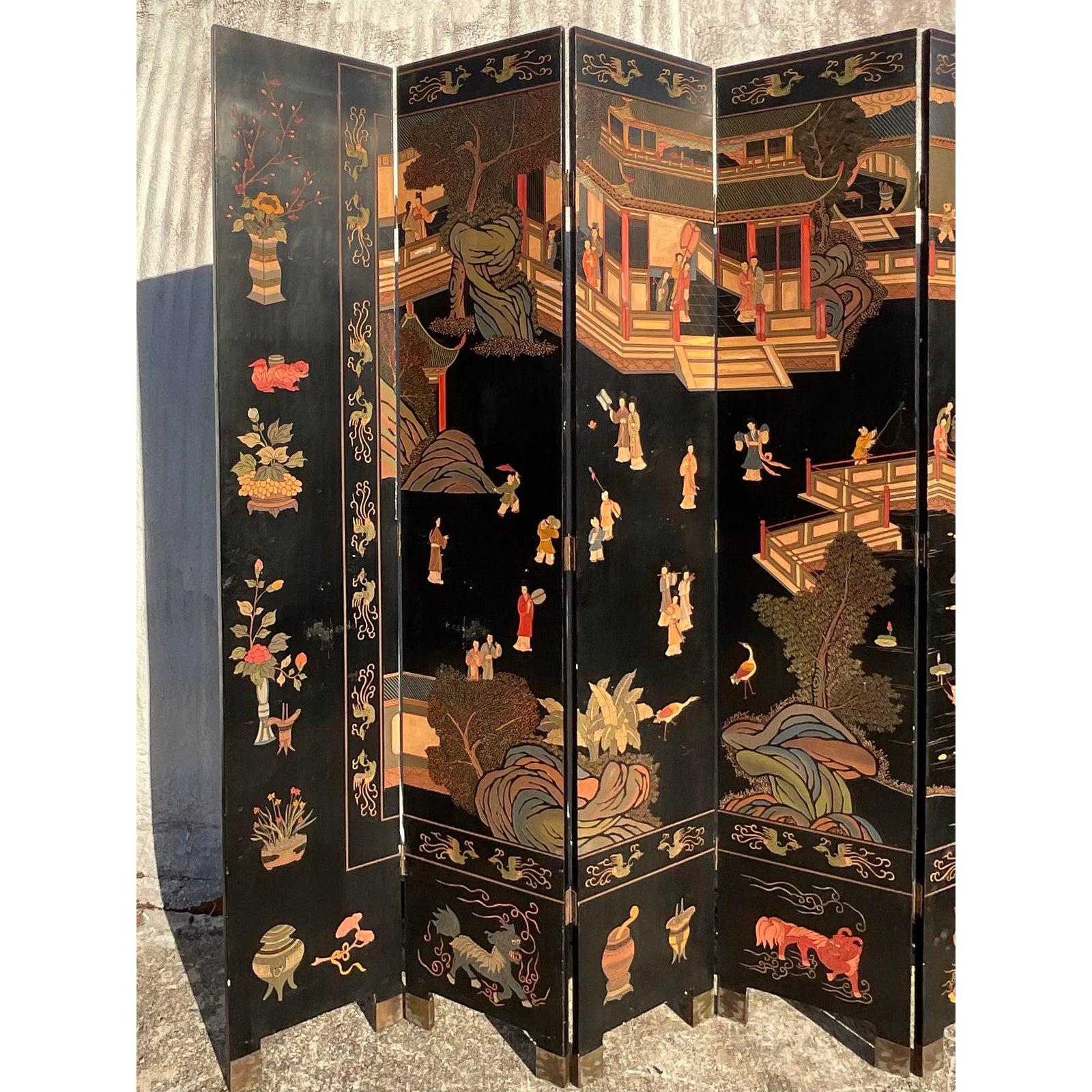 20th Century Vintage Asian 8 Panel Carved Coromandel Folding Screen
