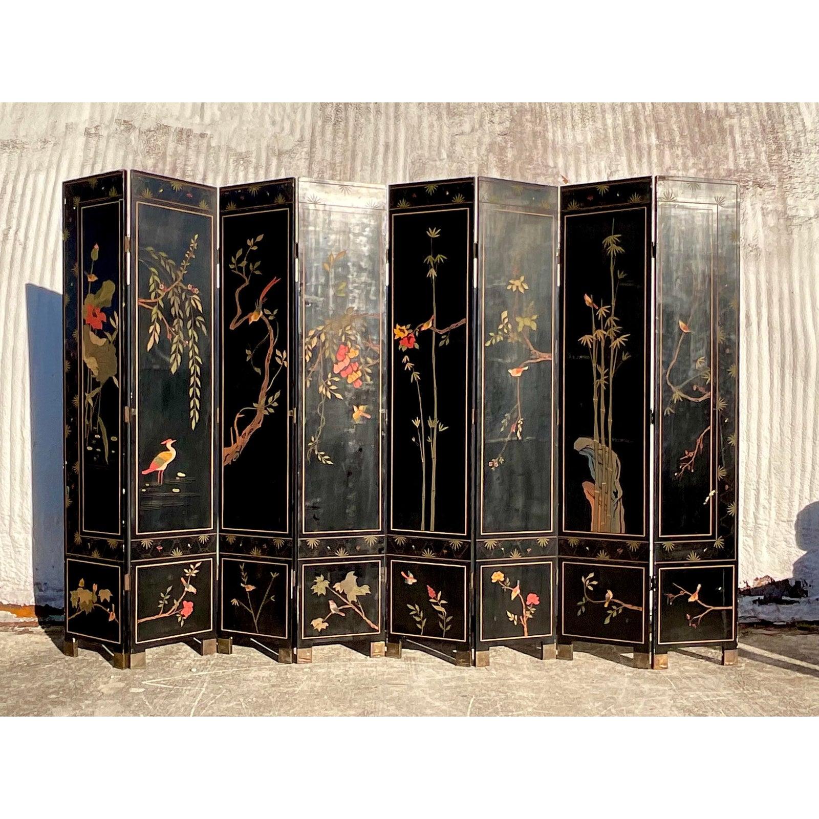 Wood Vintage Asian 8 Panel Carved Coromandel Folding Screen