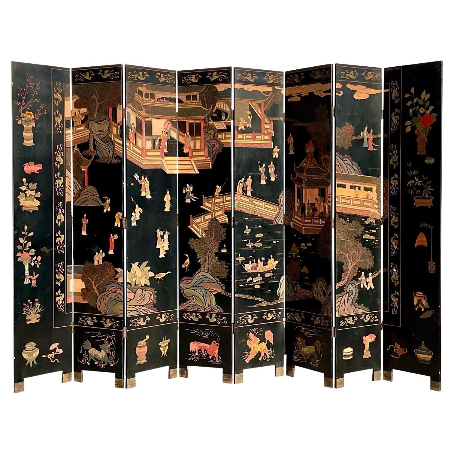 Vintage Asian 8 Panel Carved Coromandel Folding Screen