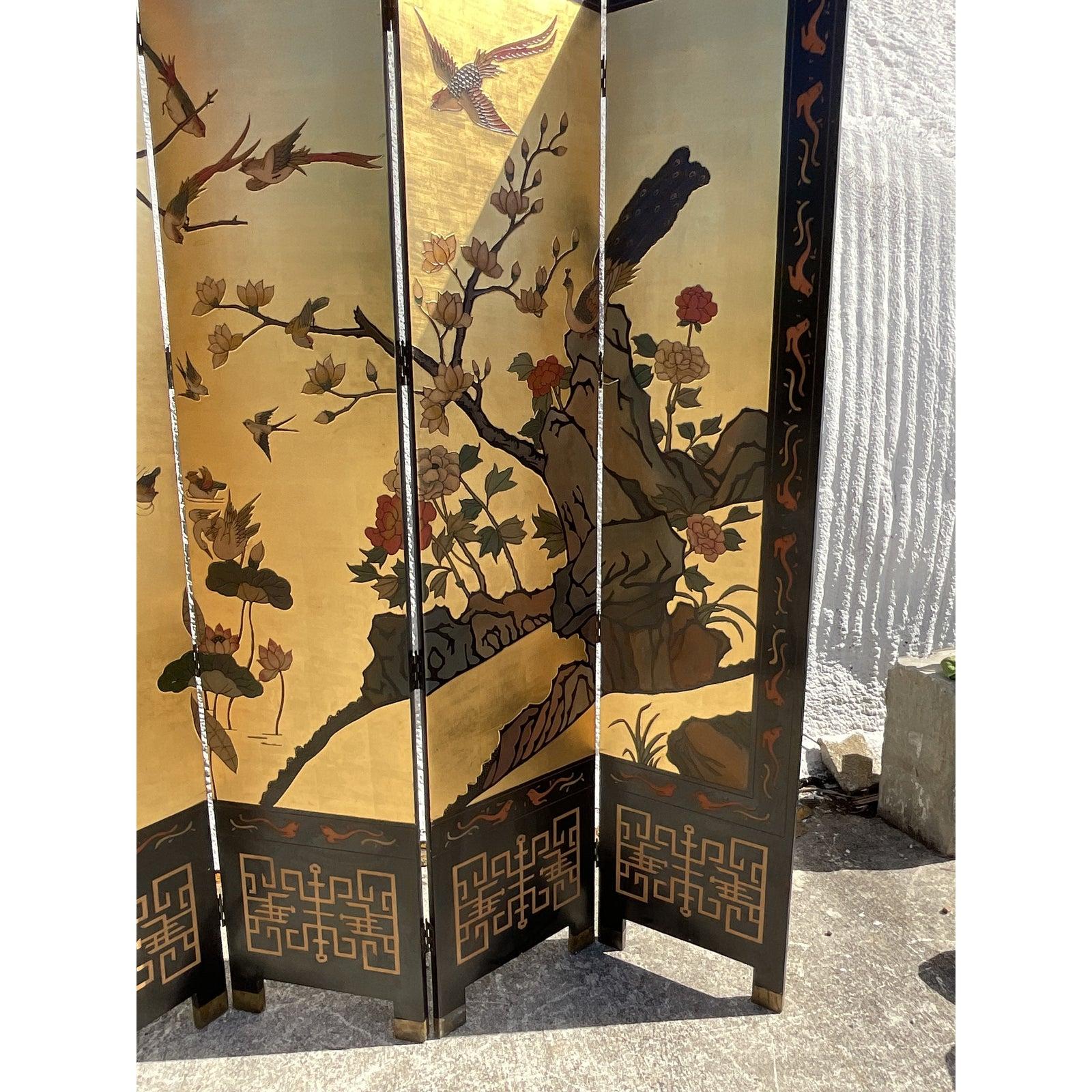 Vintage Asian 8 Panel Golden Coromandel Screen In Good Condition In west palm beach, FL