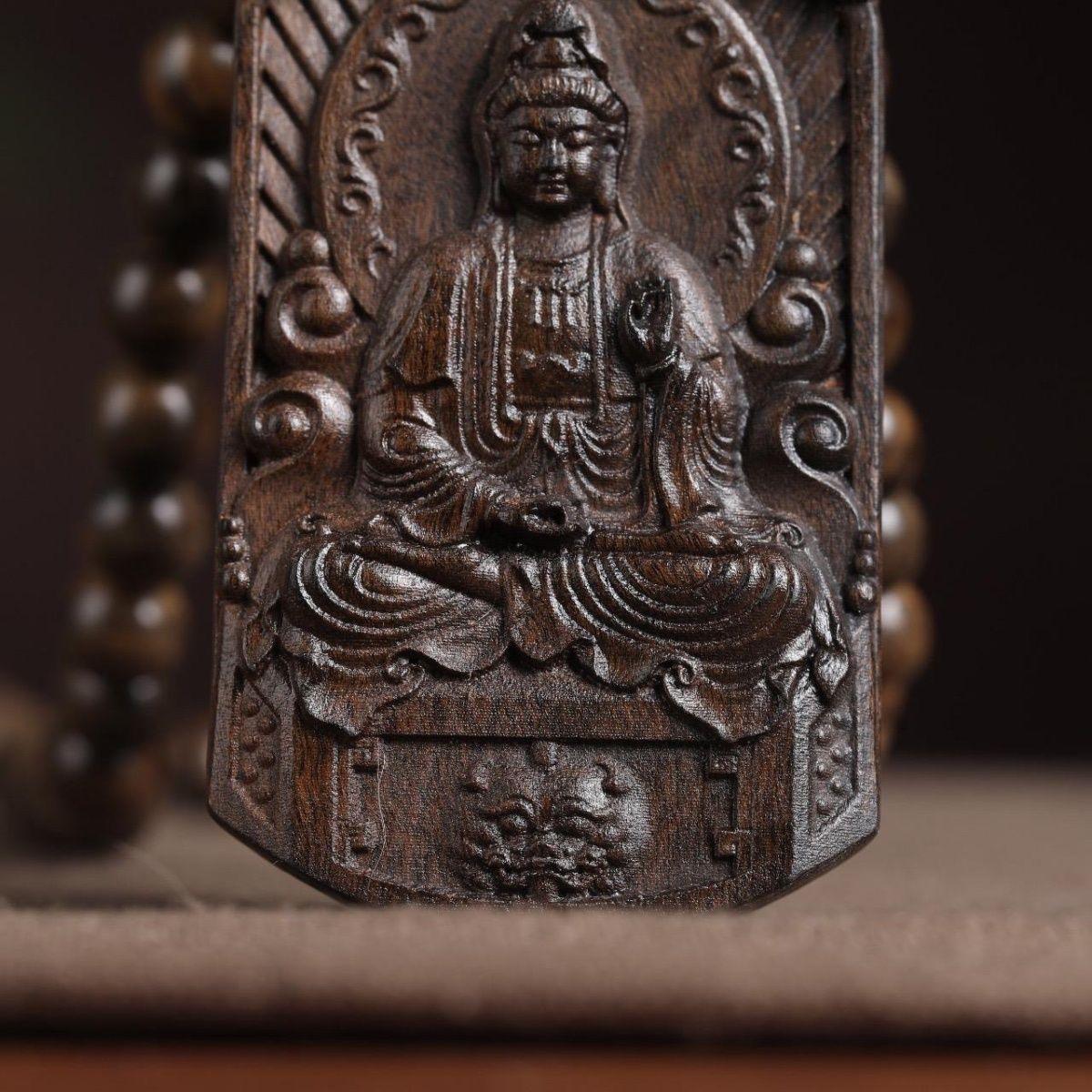 20th Century Vintage Asian Agarwood Carving Buddha Plaque Pendent Necklace For Sale