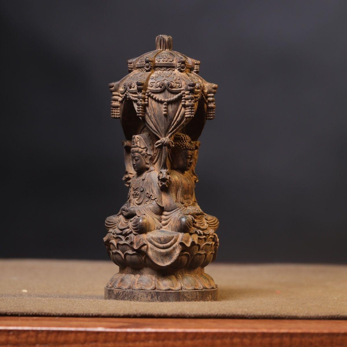 Wood Vintage Asian Agarwood Carving Western Pure Land Three Holy Statues For Sale