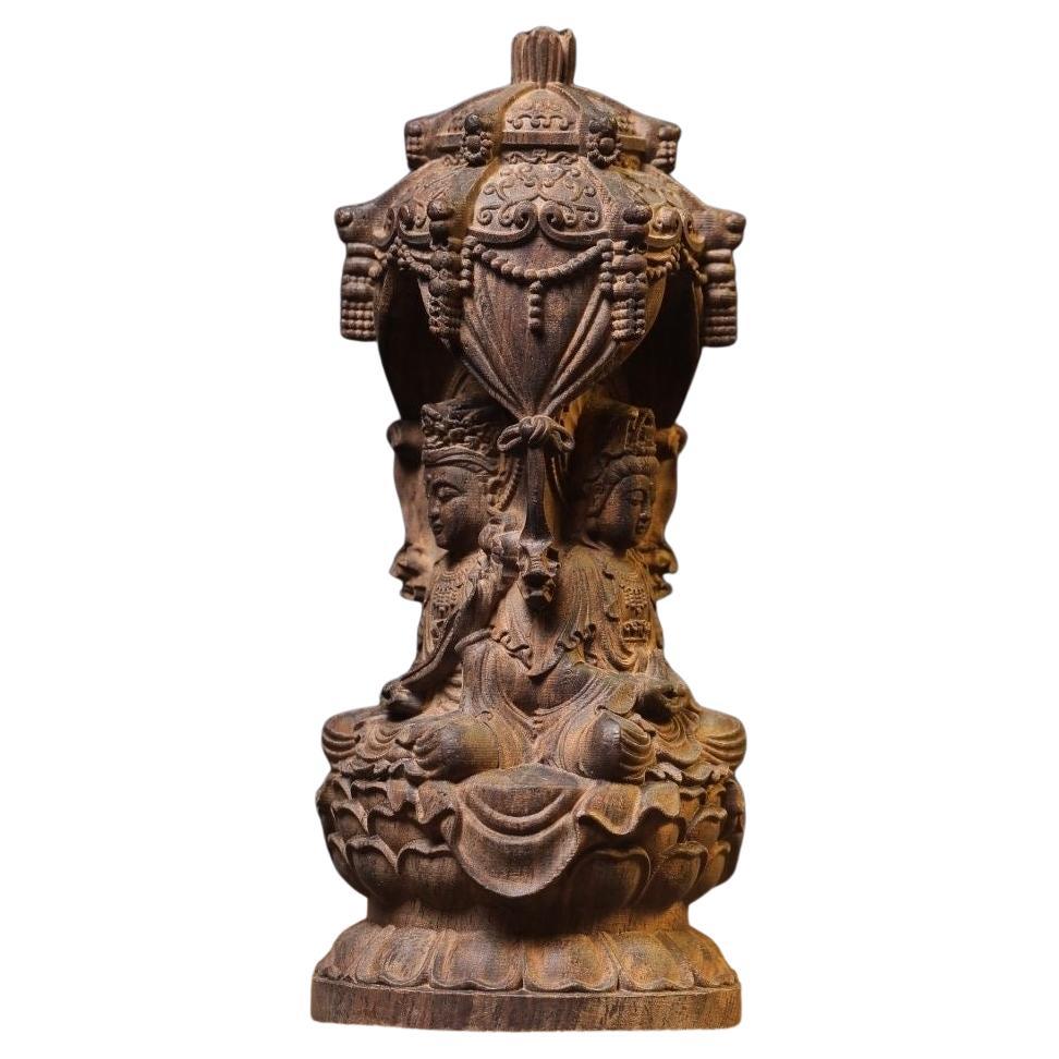 Vintage Asian Agarwood Carving Western Pure Land Three Holy Statues