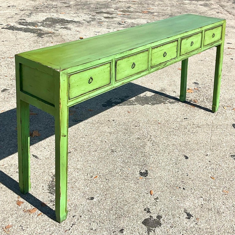 Vintage Asian Apple Green Reclaimed Wood Console Table For Sale at 1stDibs