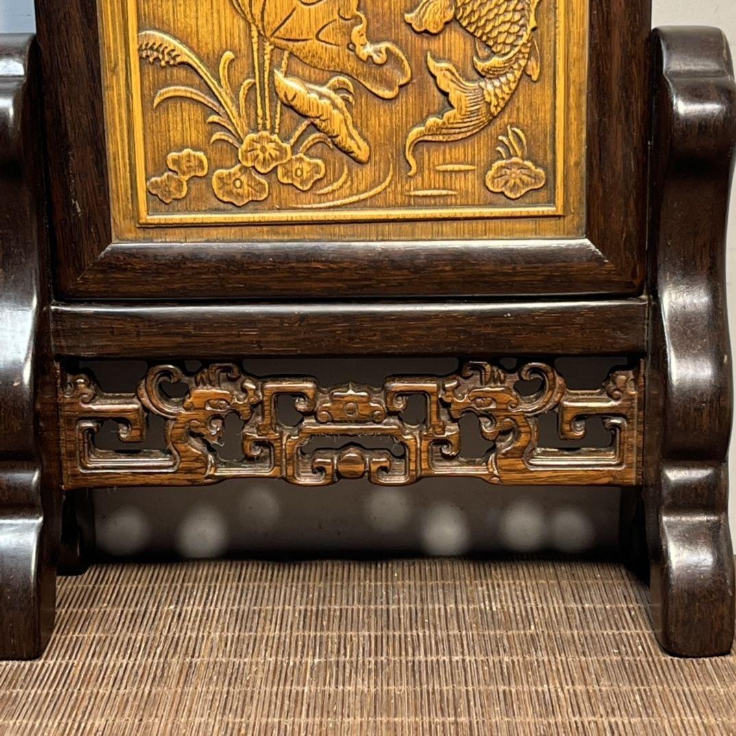 19th Century Vintage Asian Bamboo Carving Fishes & Lotus Plaque with Wooden Frame & Stand For Sale