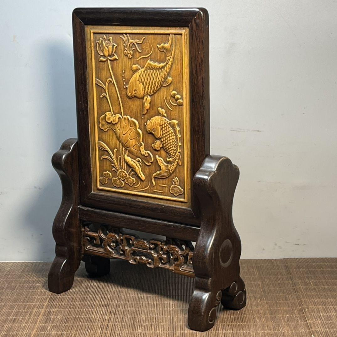 Vintage Asian Bamboo Carving Fishes & Lotus Plaque with Wooden Frame & Stand For Sale 4