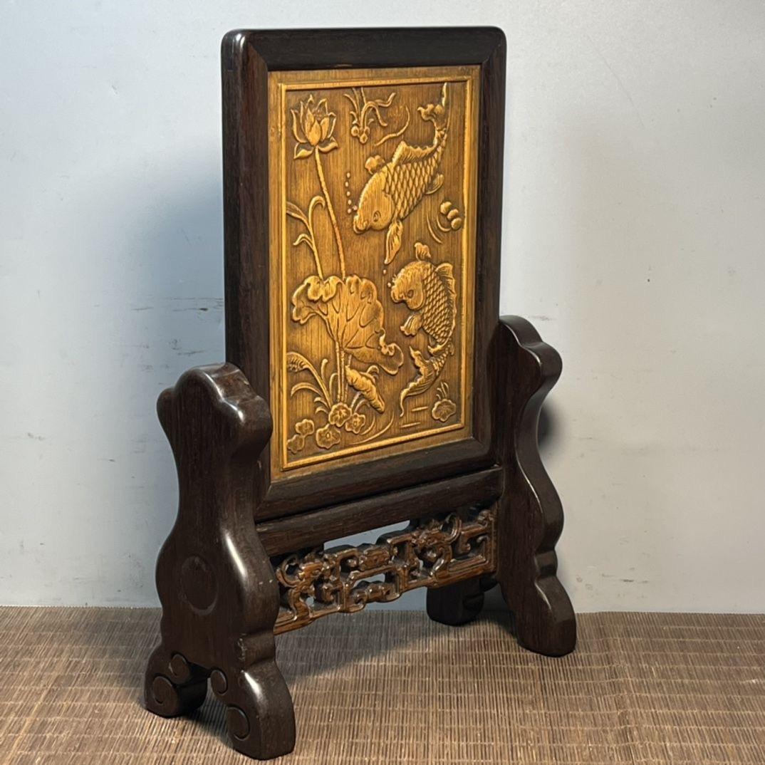 Vintage Asian Bamboo Carving Fishes & Lotus Plaque with Wooden Frame & Stand For Sale 5
