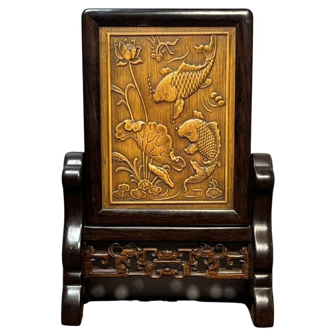 Vintage Asian Bamboo Carving Fishes & Lotus Plaque with Wooden Frame & Stand