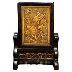 Vintage Asian Bamboo Carving Fishes & Lotus Plaque with Wooden Frame & Stand