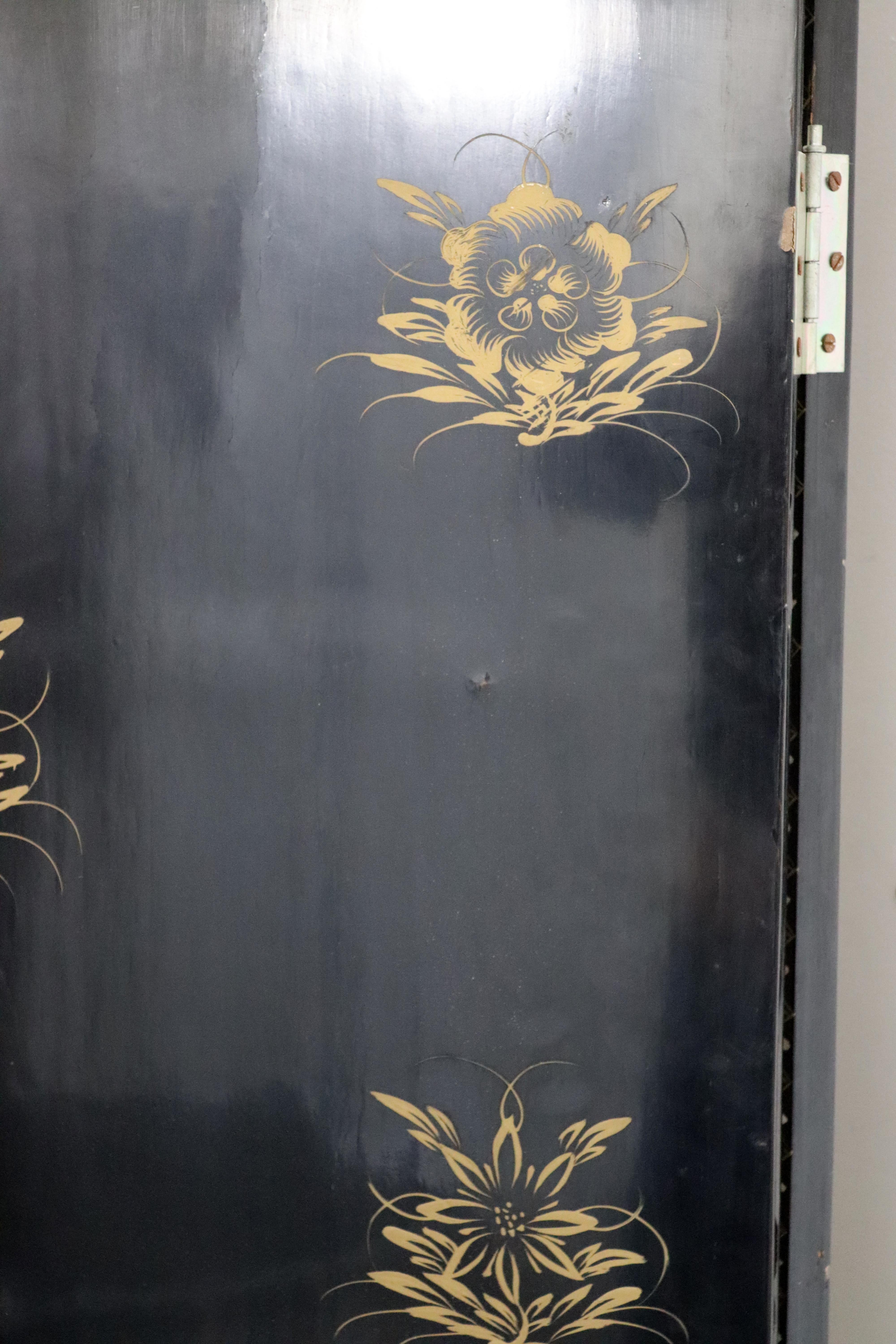 Vintage Asian Black Jade Motif 6 Panel Room Divider Screen, 1960s For Sale 5