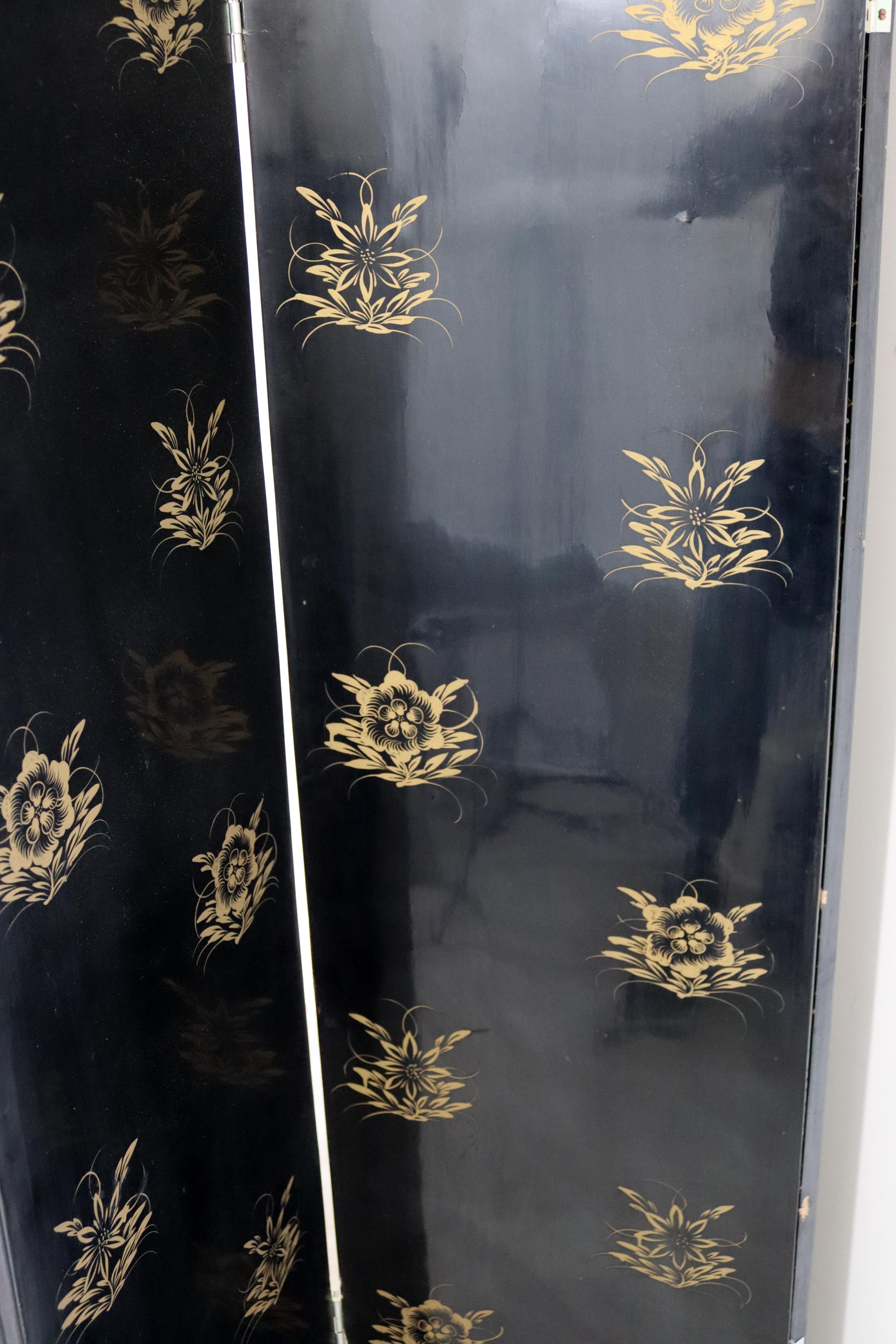 Vintage Asian Black Jade Motif 6 Panel Room Divider Screen, 1960s For Sale 6