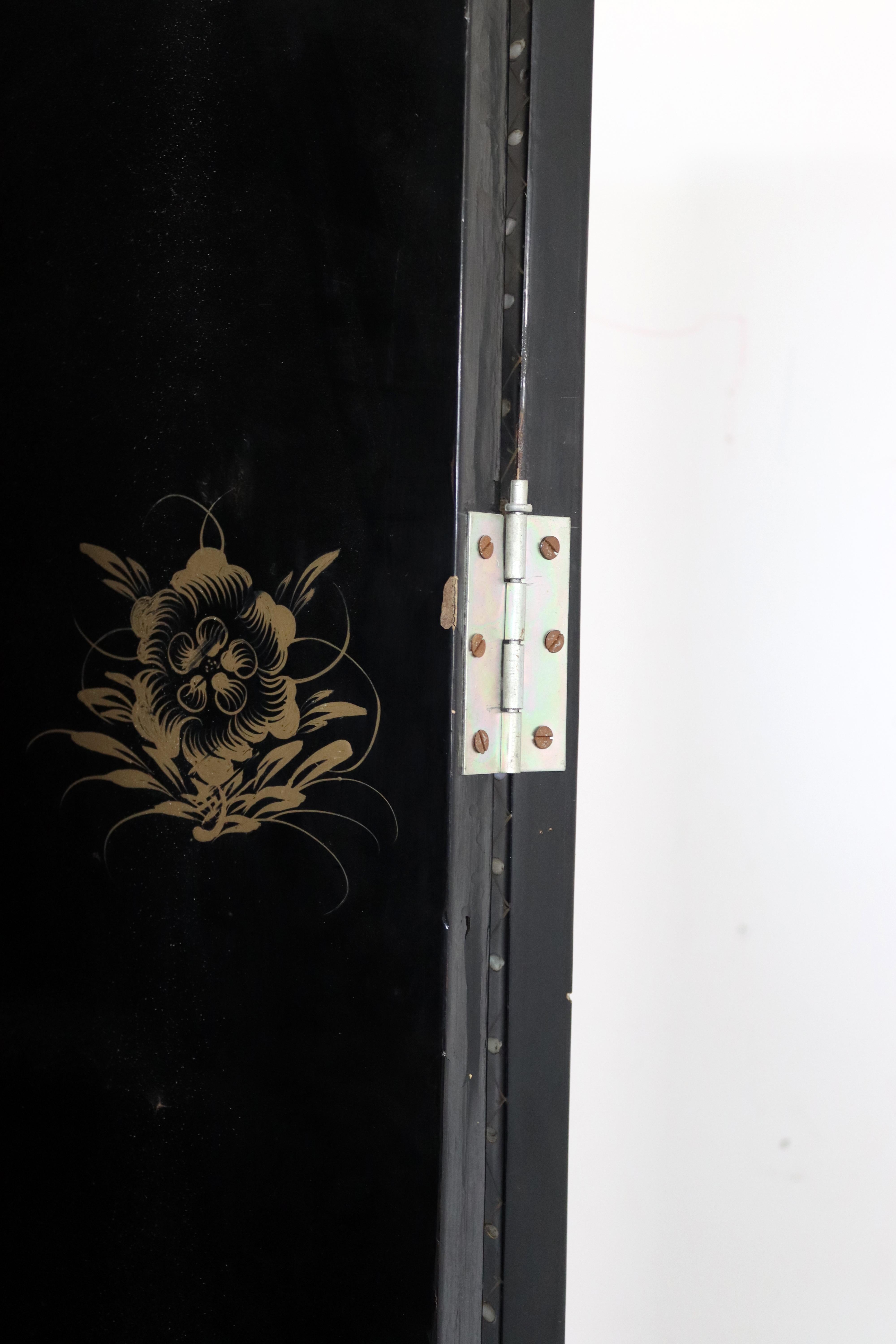Vintage Asian Black Jade Motif 6 Panel Room Divider Screen, 1960s For Sale 7