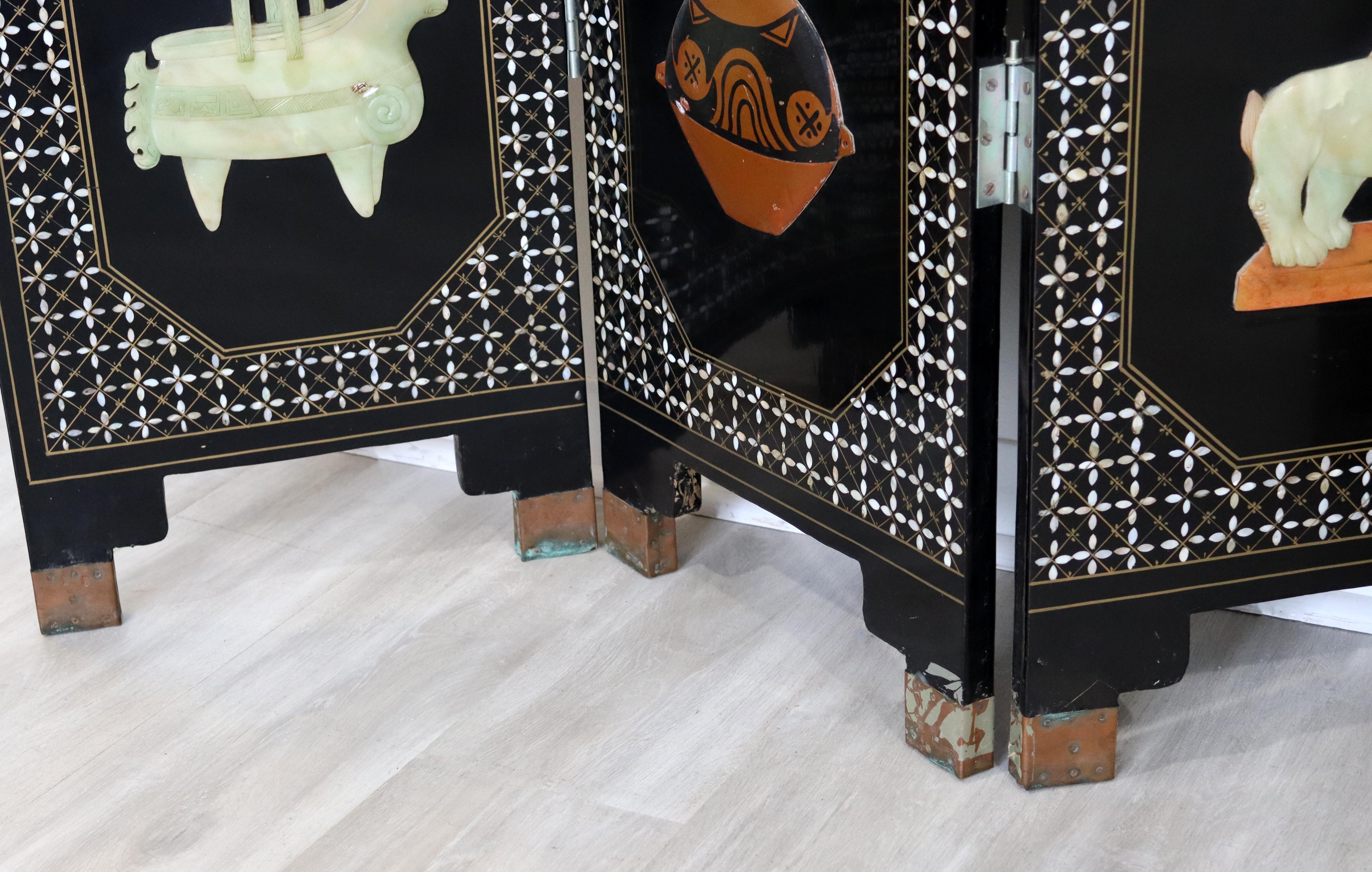Vintage Asian Black Jade Motif 6 Panel Room Divider Screen, 1960s 2