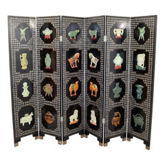 Vintage Asian Black Jade Motif 6 Panel Room Divider Screen, 1960s