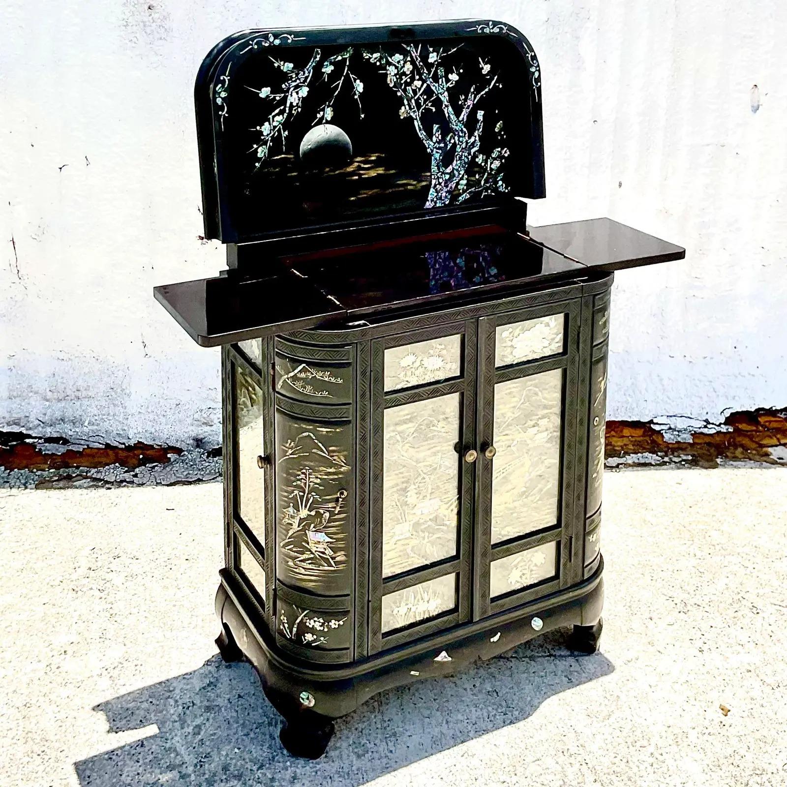 Chinese Vintage Asian Black Lacquer Chinoiserie Dry Bar After George Zee