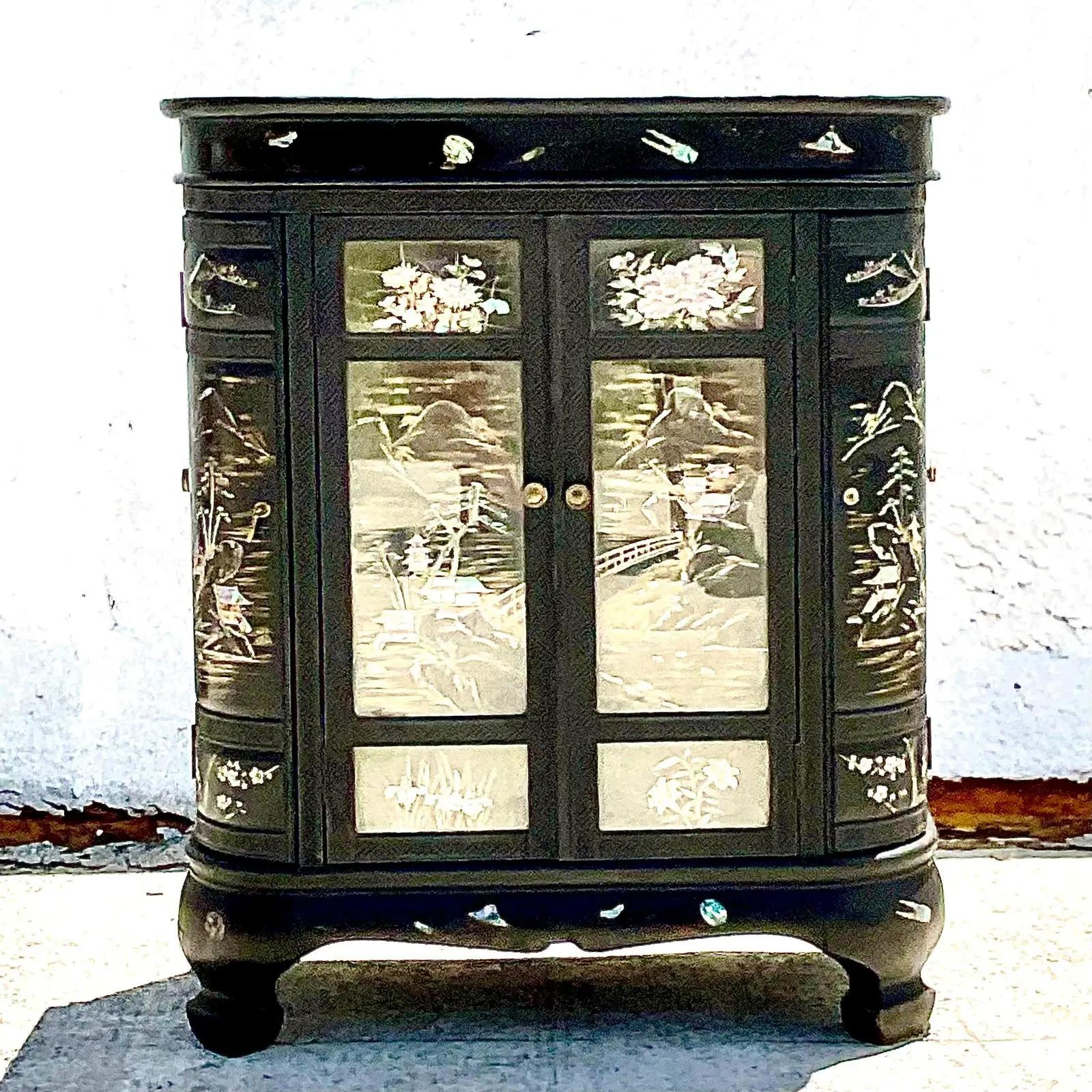 Glass Vintage Asian Black Lacquer Chinoiserie Dry Bar After George Zee