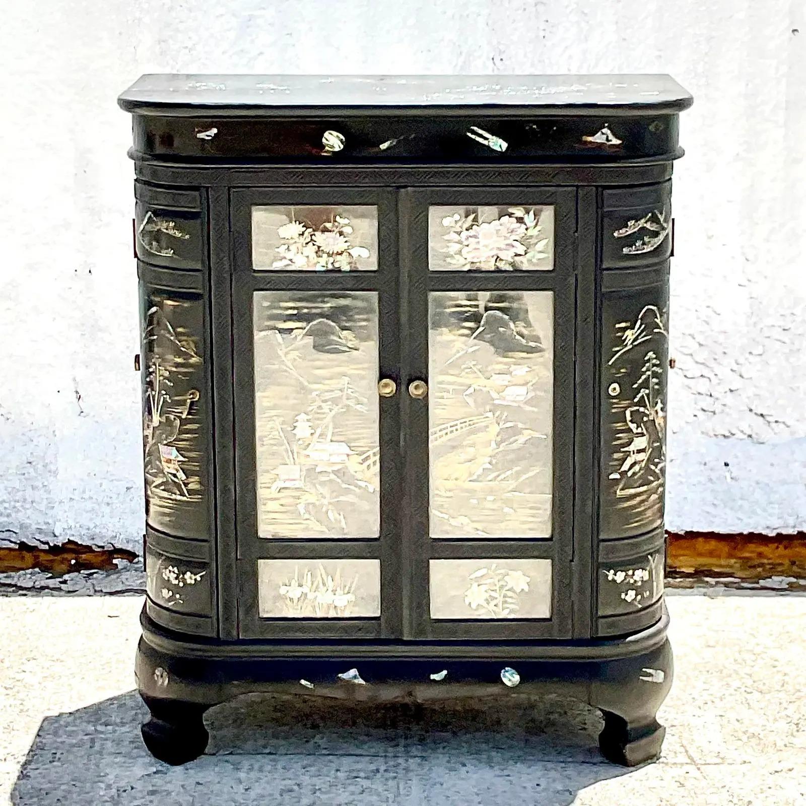 Vintage Asian Black Lacquer Chinoiserie Dry Bar After George Zee 1