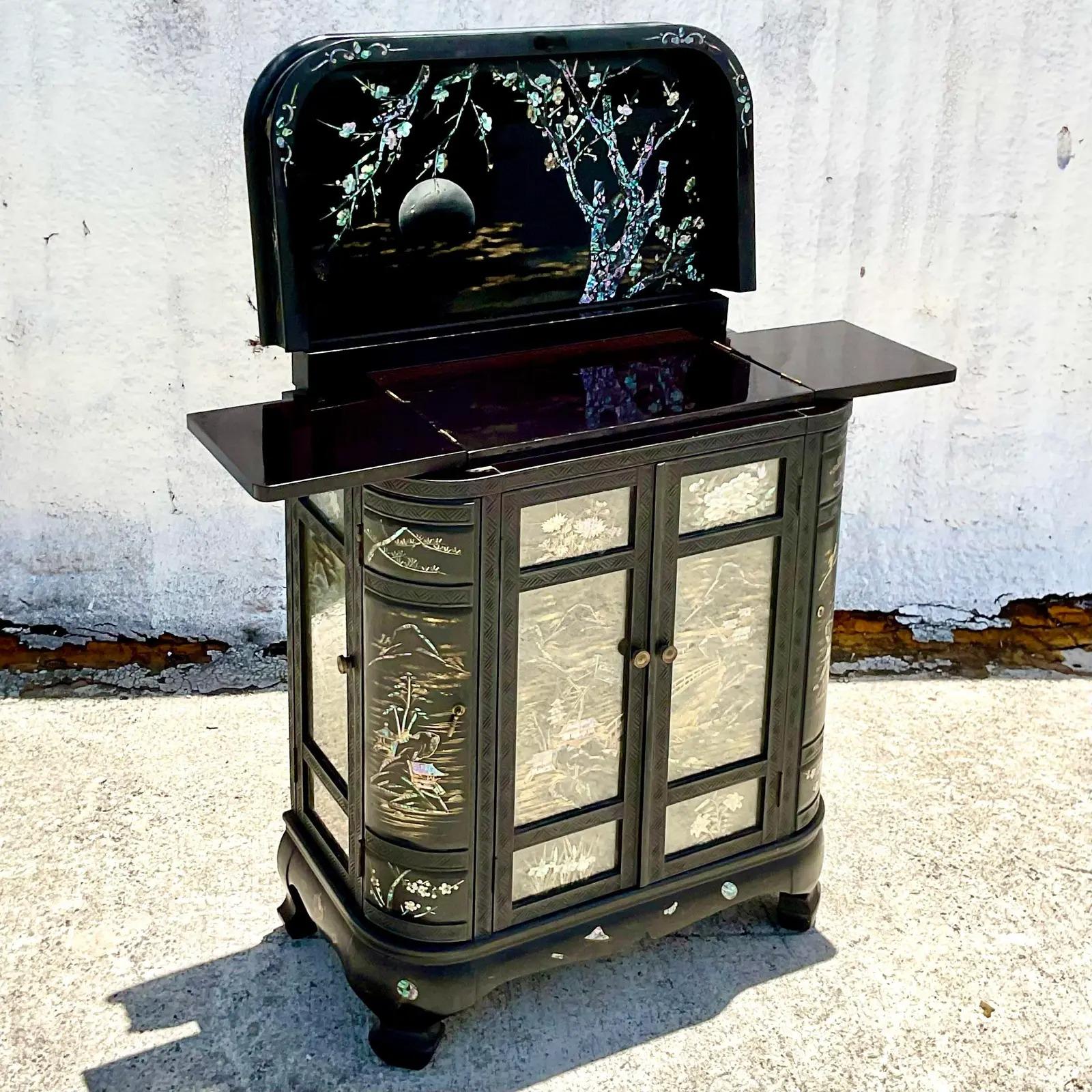 Vintage Asian Black Lacquer Chinoiserie Dry Bar After George Zee 2