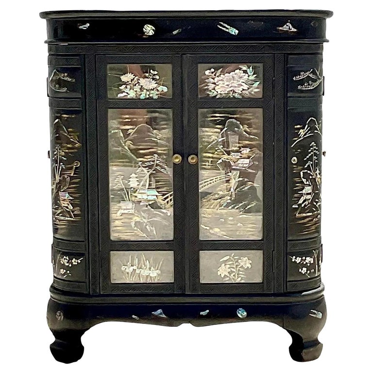 Vintage Asian Black Lacquer Chinoiserie Dry Bar After George Zee For ...
