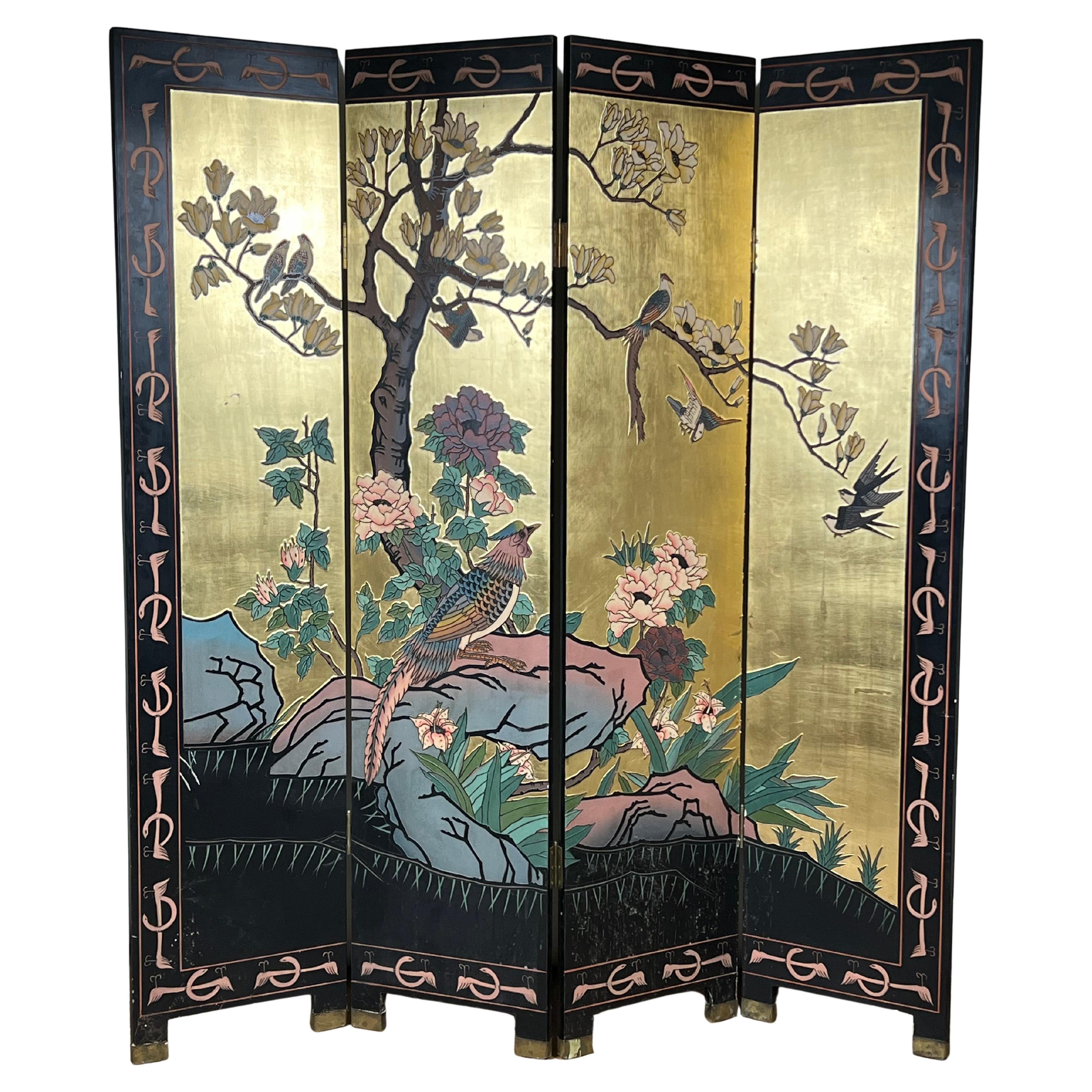 Paravento asiatico d
epoca in lacca nera Coromandel in vendita