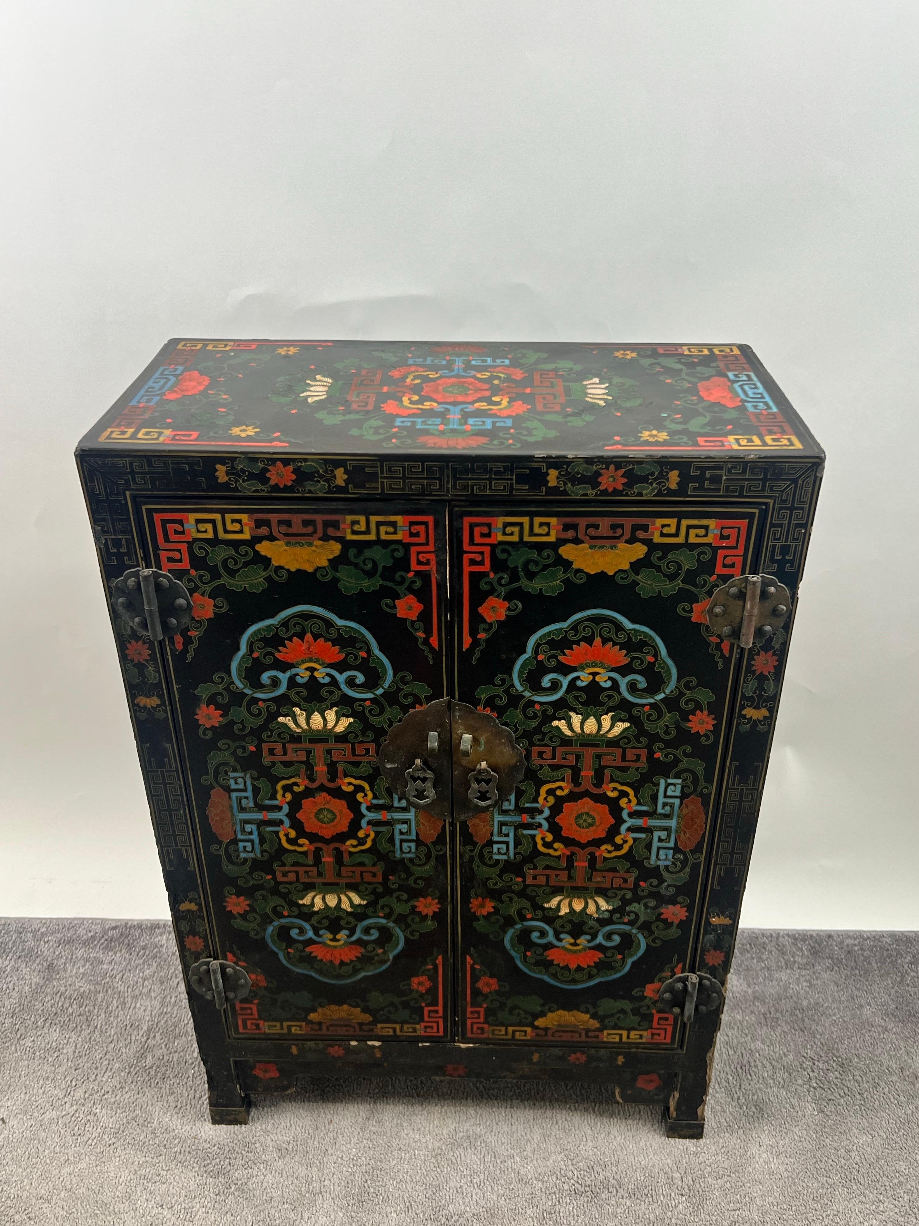 Vintage Asian Black Lacquered Cabinet or Chest with Hand-Painted