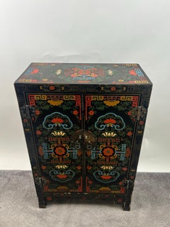 Vintage Asian Black Lacquered Cabinet or Chest with Hand-Painted Floral Motif