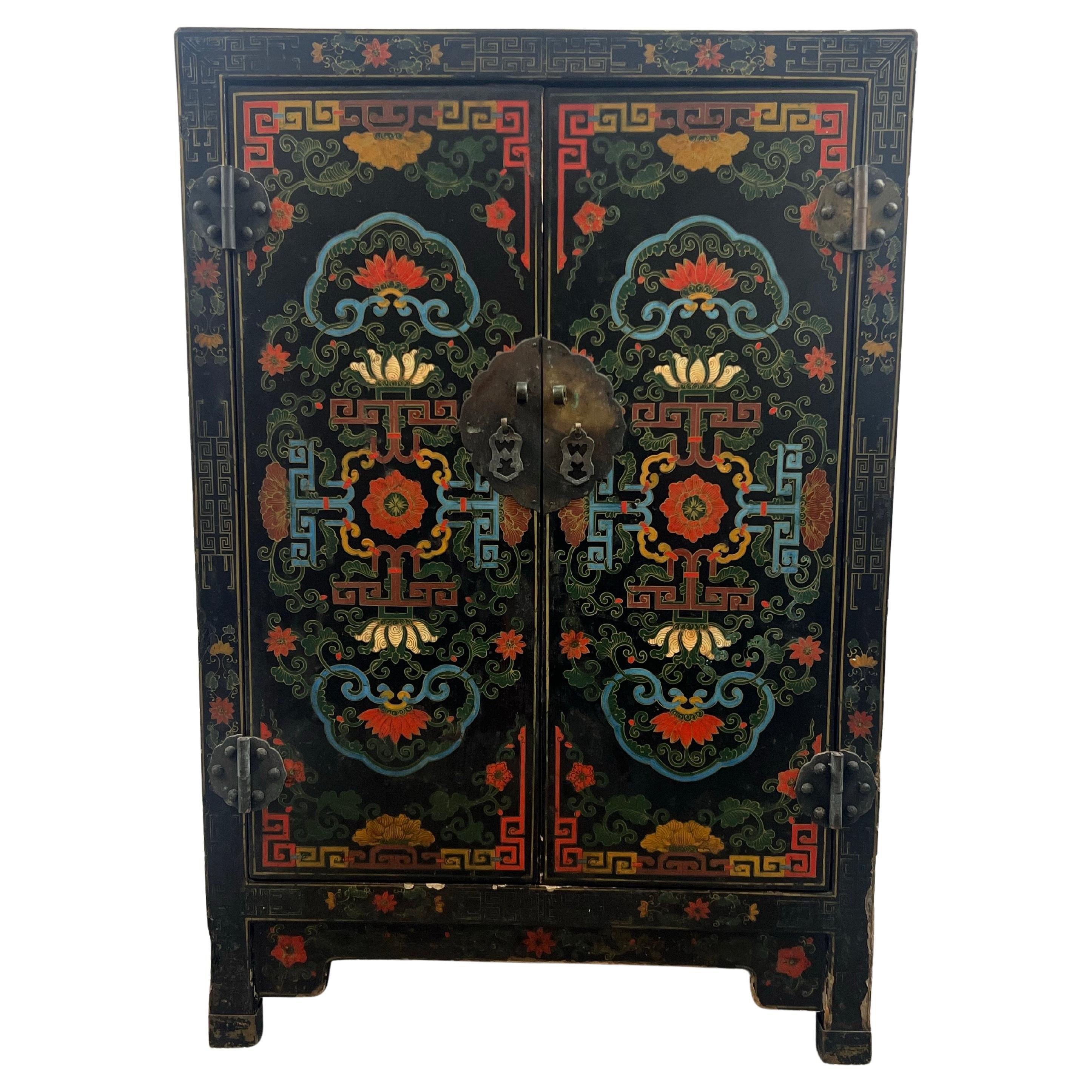 Vintage Asian Black Lacquered Cabinet or Chest with Hand-Painted