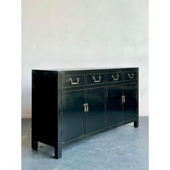 Vintage Asian Black Lacquered Credenza